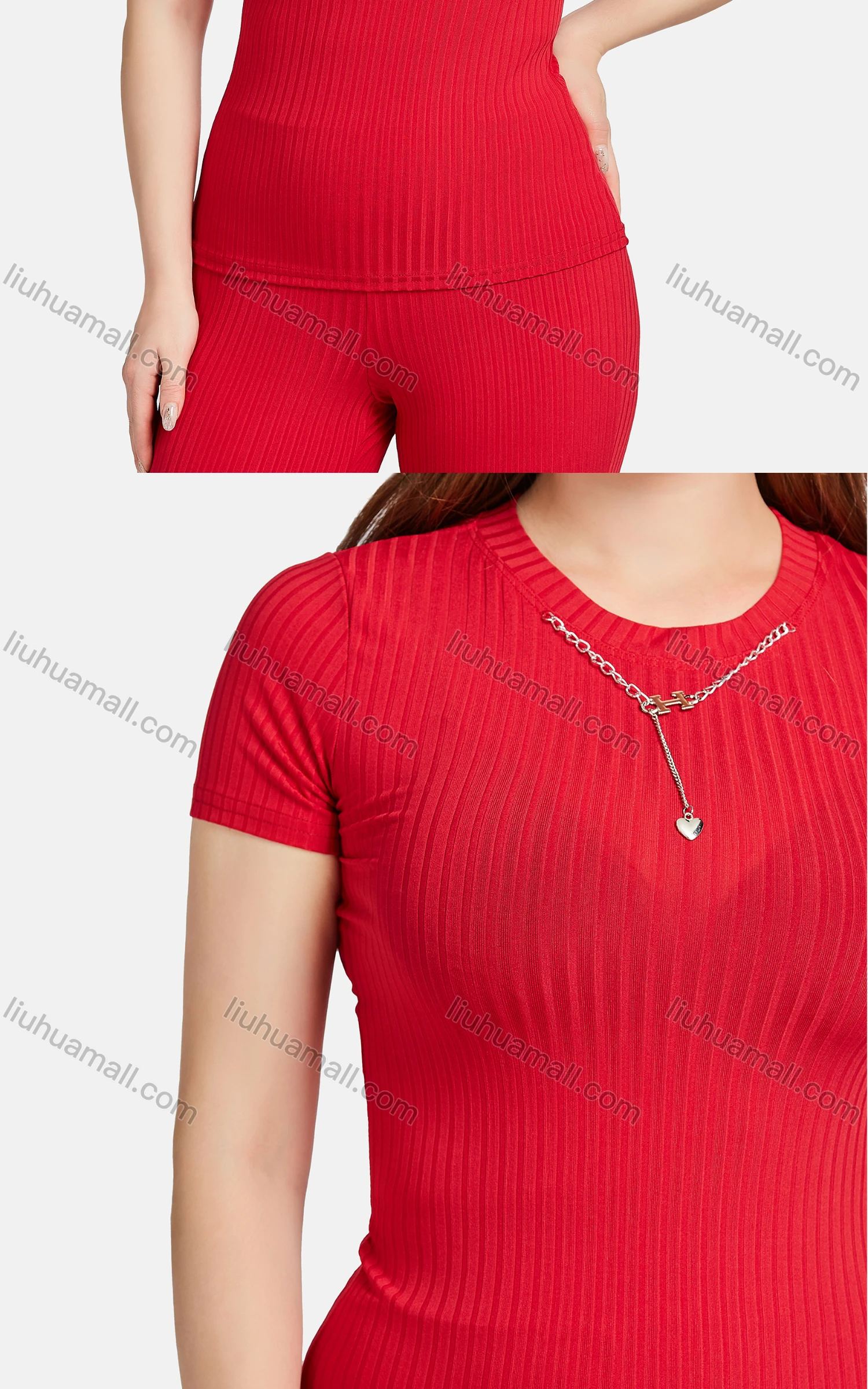 Wholesale Women's Casual Slim Fit Chain Decor Short Sleeve Ribbed Plain Blouse 2-piece Set - Liuhuamall