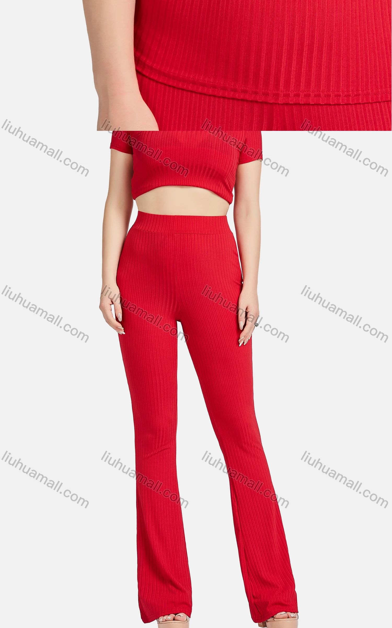 Wholesale Women's Casual Slim Fit Chain Decor Short Sleeve Ribbed Plain Blouse 2-piece Set - Liuhuamall