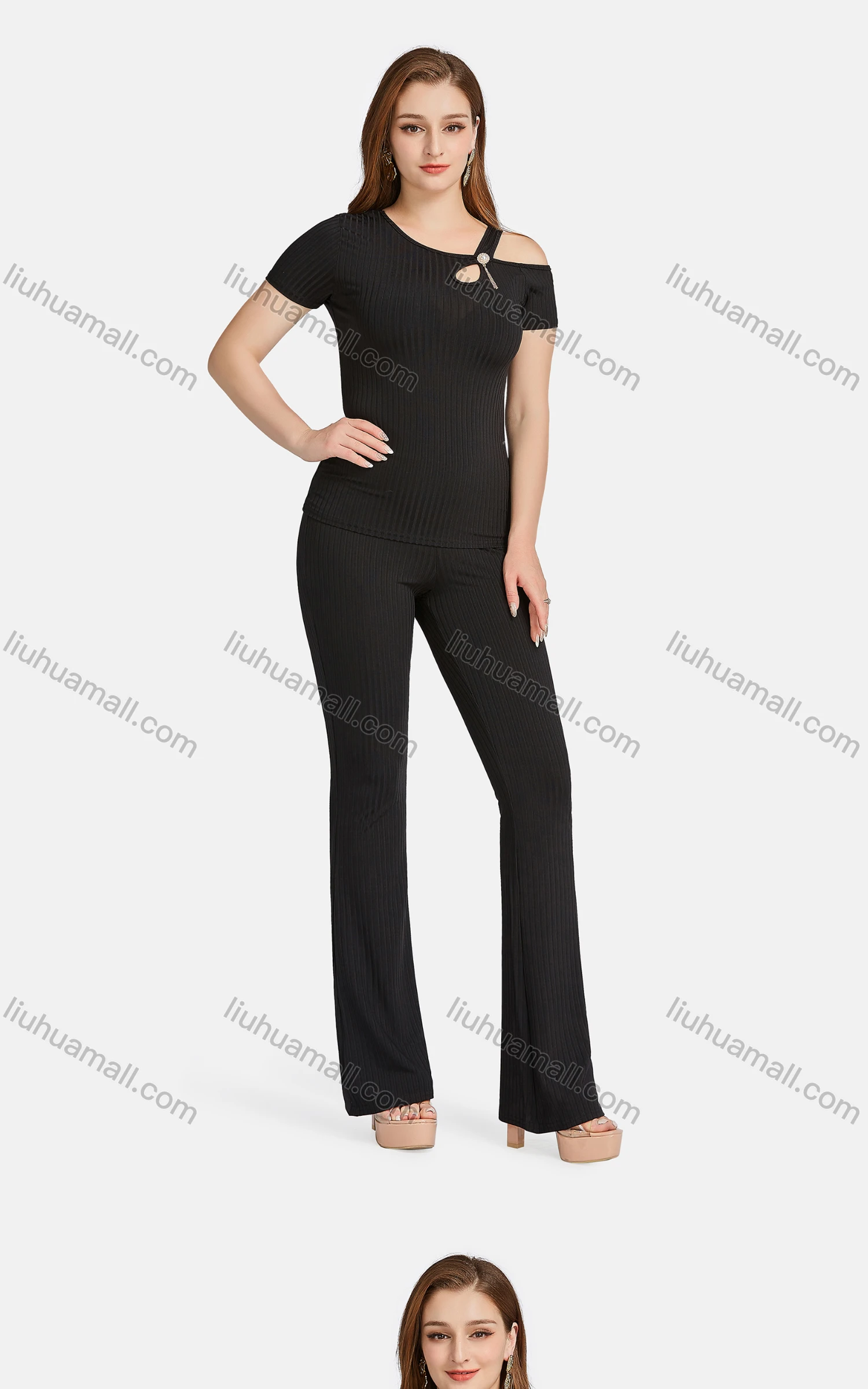 Wholesale Women's Casual Slim Fit Short Sleeve Cut Out Ribbed Pearl Decor Blouse 2-piece Set - Liuhuamall