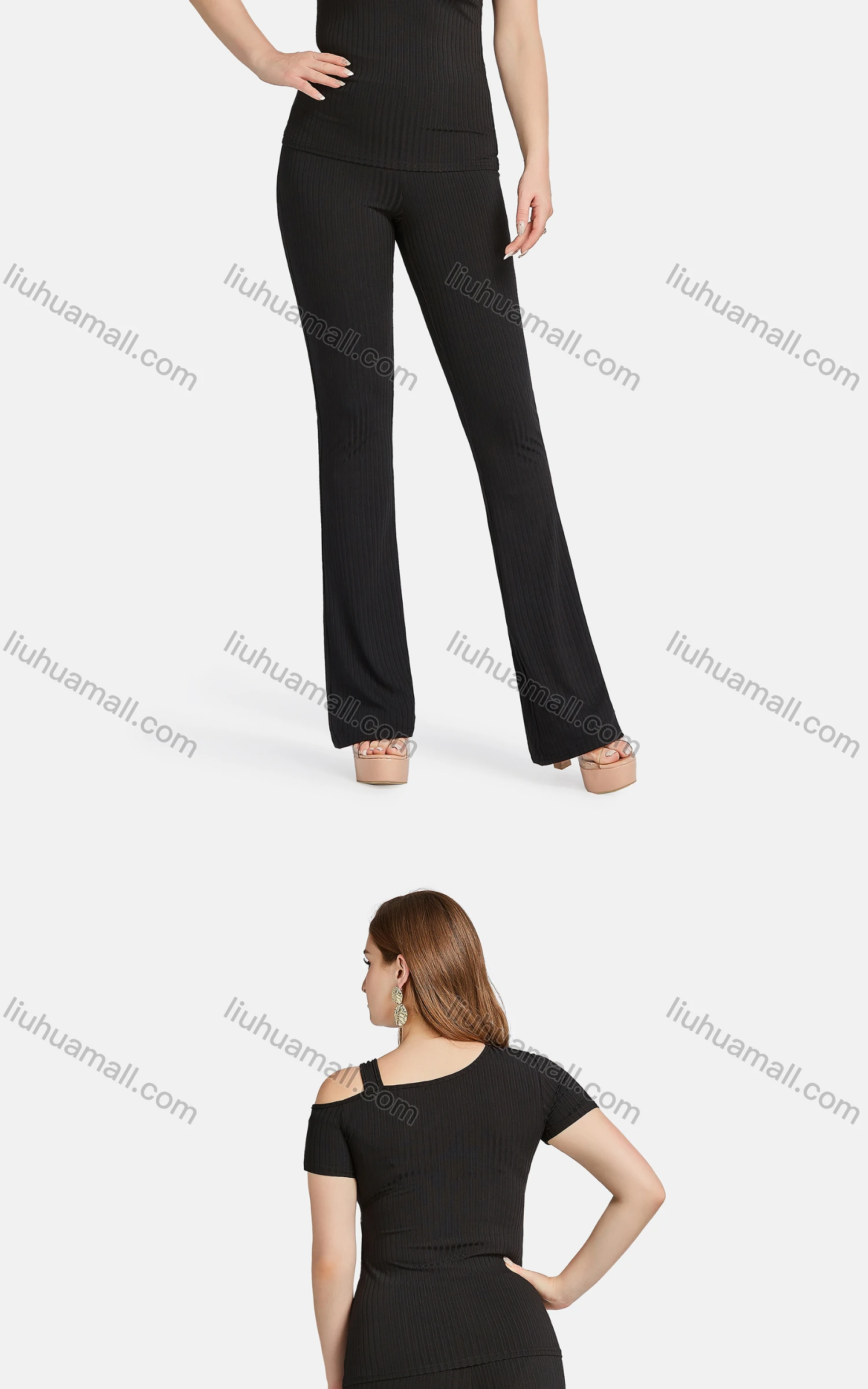 Wholesale Women's Casual Slim Fit Short Sleeve Cut Out Ribbed Pearl Decor Blouse 2-piece Set - Liuhuamall