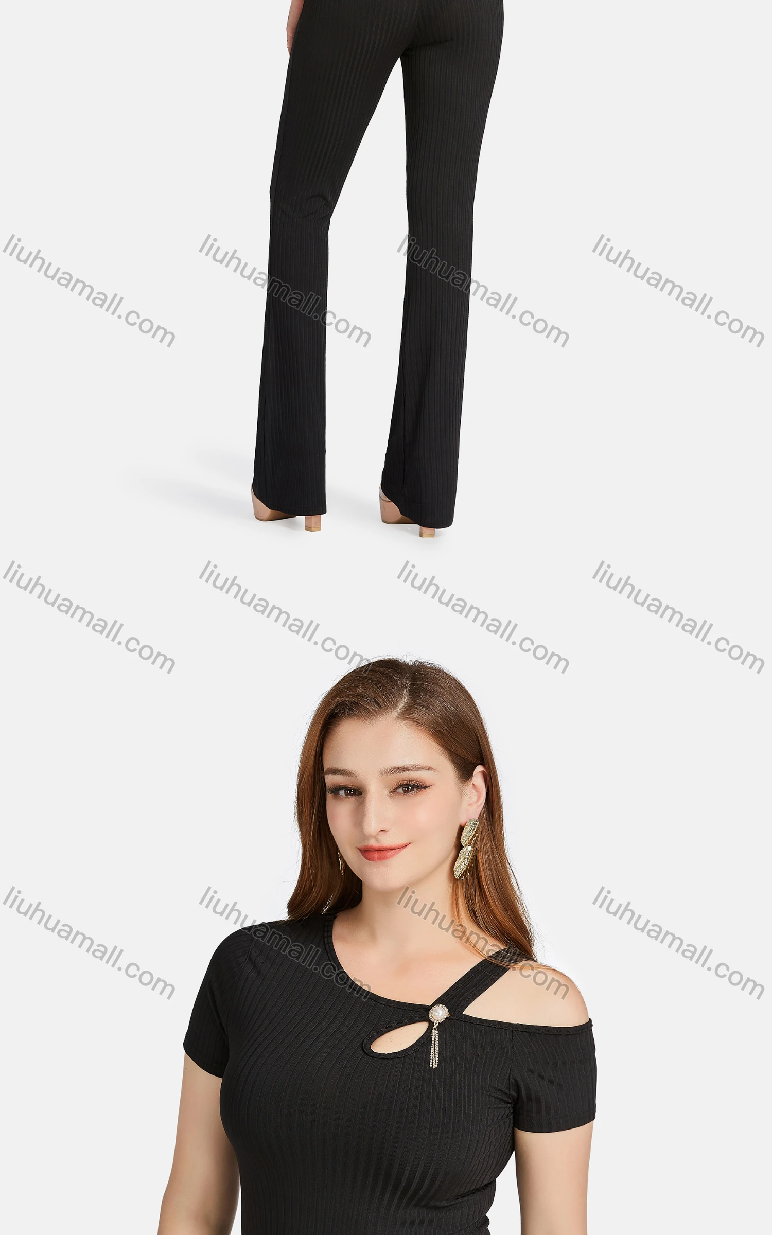 Wholesale Women's Casual Slim Fit Short Sleeve Cut Out Ribbed Pearl Decor Blouse 2-piece Set - Liuhuamall