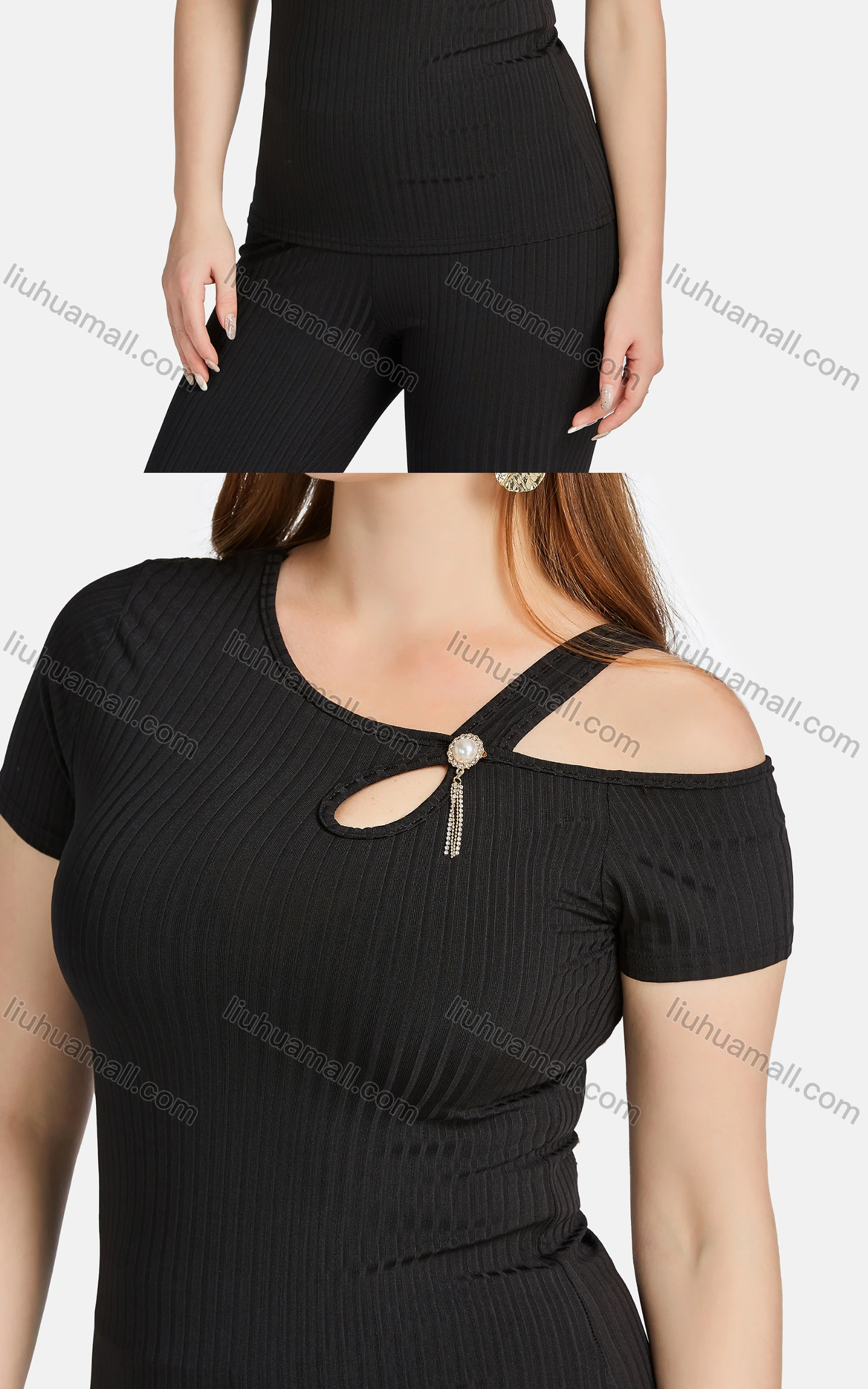 Wholesale Women's Casual Slim Fit Short Sleeve Cut Out Ribbed Pearl Decor Blouse 2-piece Set - Liuhuamall