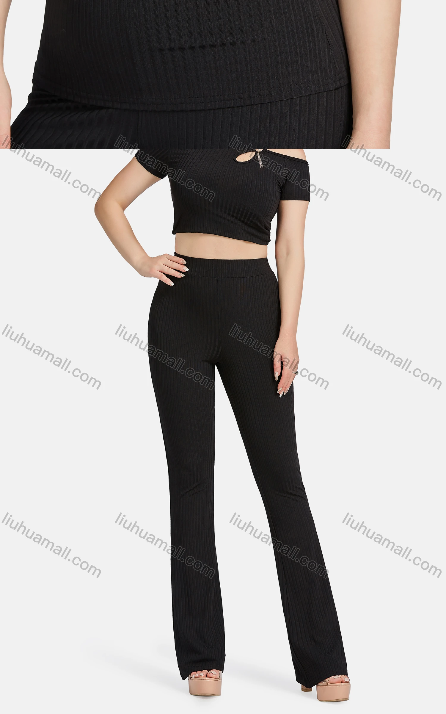 Wholesale Women's Casual Slim Fit Short Sleeve Cut Out Ribbed Pearl Decor Blouse 2-piece Set - Liuhuamall