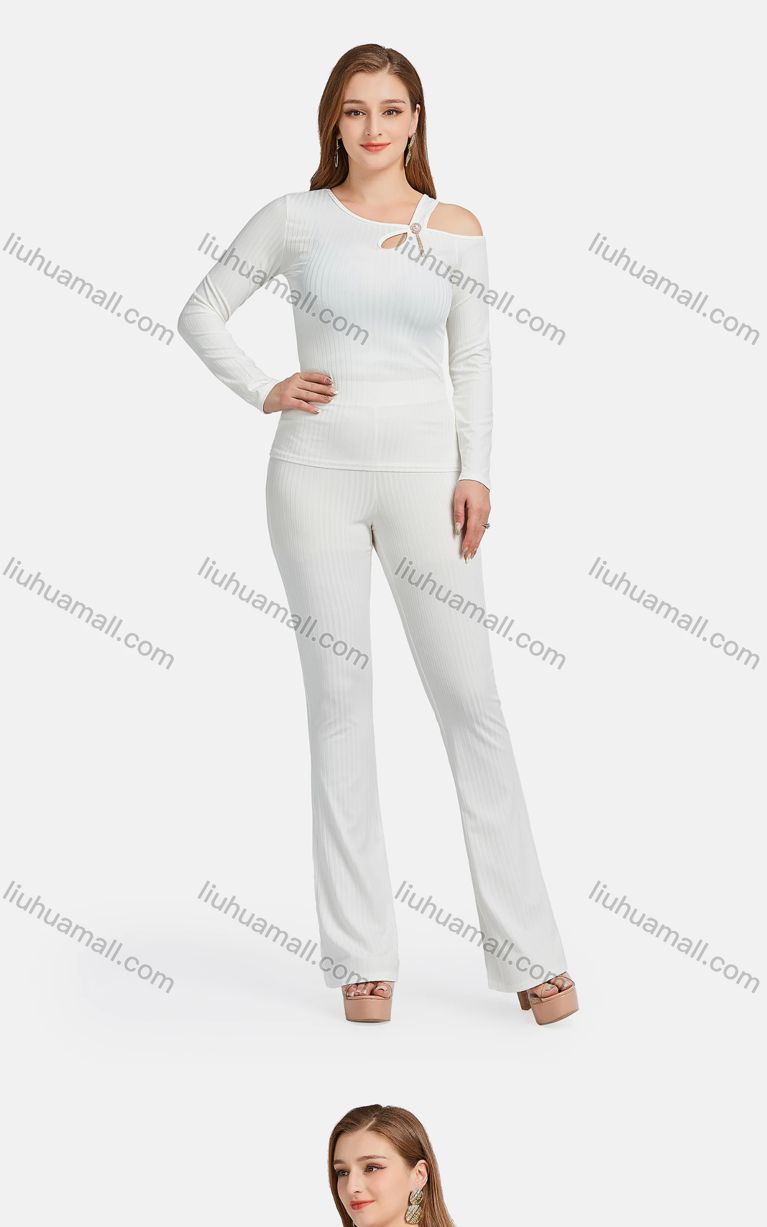 Wholesale Women's Casual Slim Fit Long Sleeve Cut Out Ribbed Pearl Decor Blouse 2-piece Set - Liuhuamall