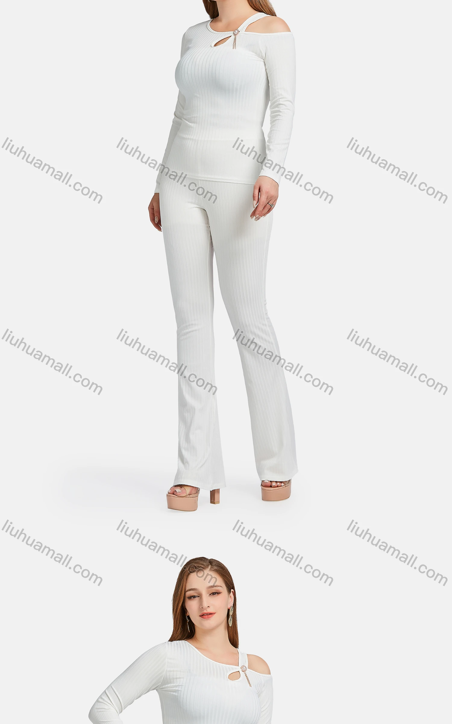 Wholesale Women's Casual Slim Fit Long Sleeve Cut Out Ribbed Pearl Decor Blouse 2-piece Set - Liuhuamall