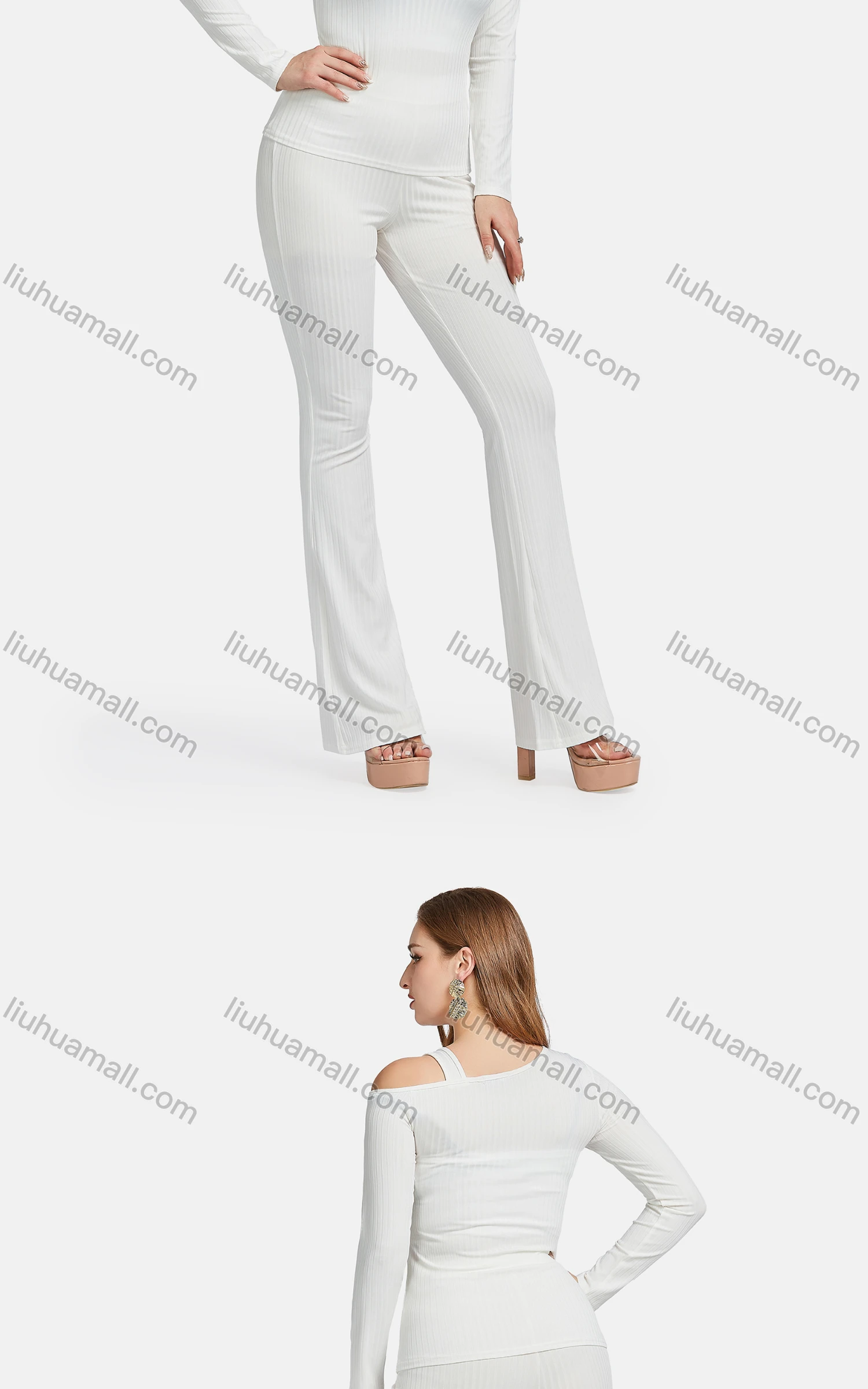 Wholesale Women's Casual Slim Fit Long Sleeve Cut Out Ribbed Pearl Decor Blouse 2-piece Set - Liuhuamall