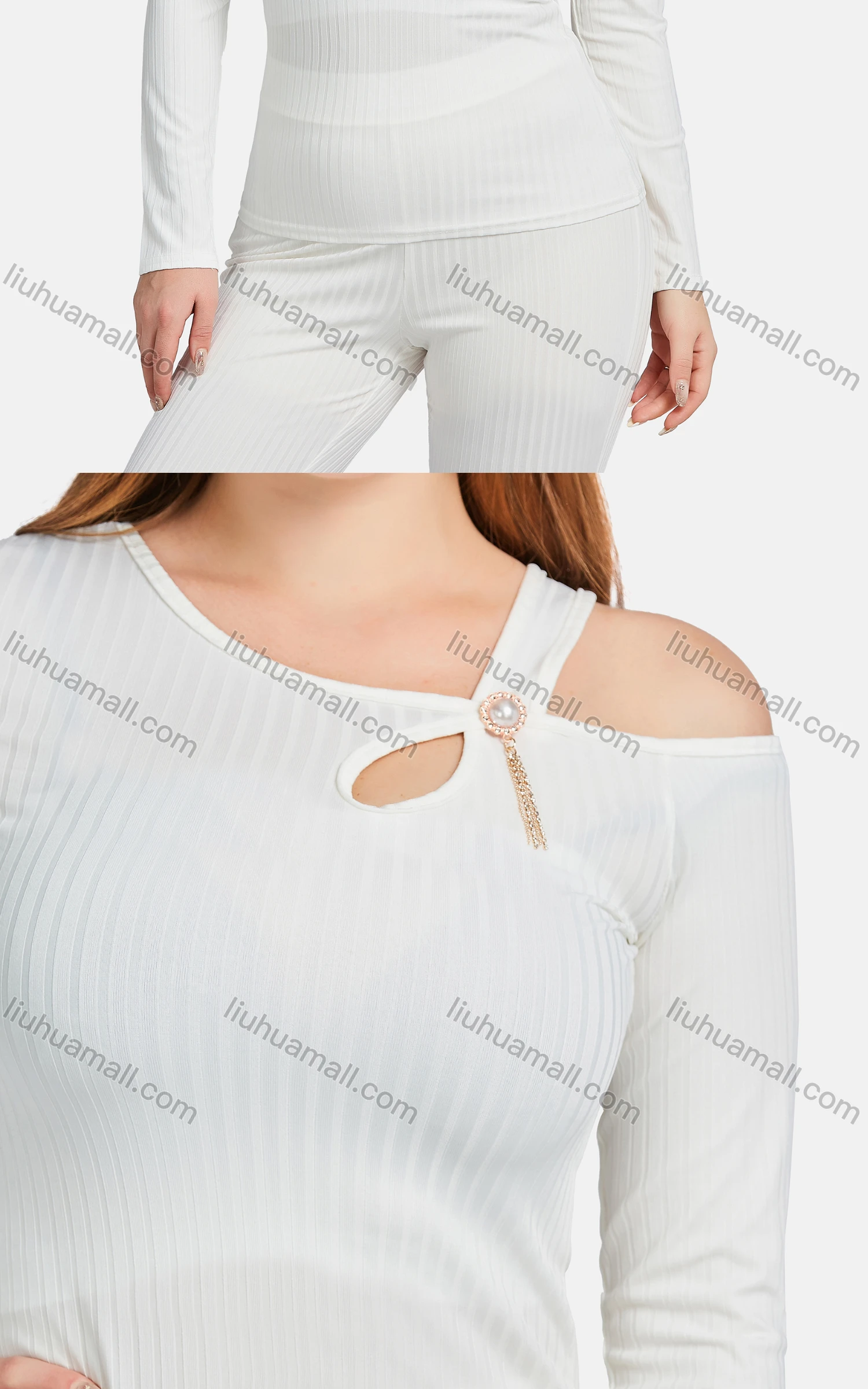 Wholesale Women's Casual Slim Fit Long Sleeve Cut Out Ribbed Pearl Decor Blouse 2-piece Set - Liuhuamall