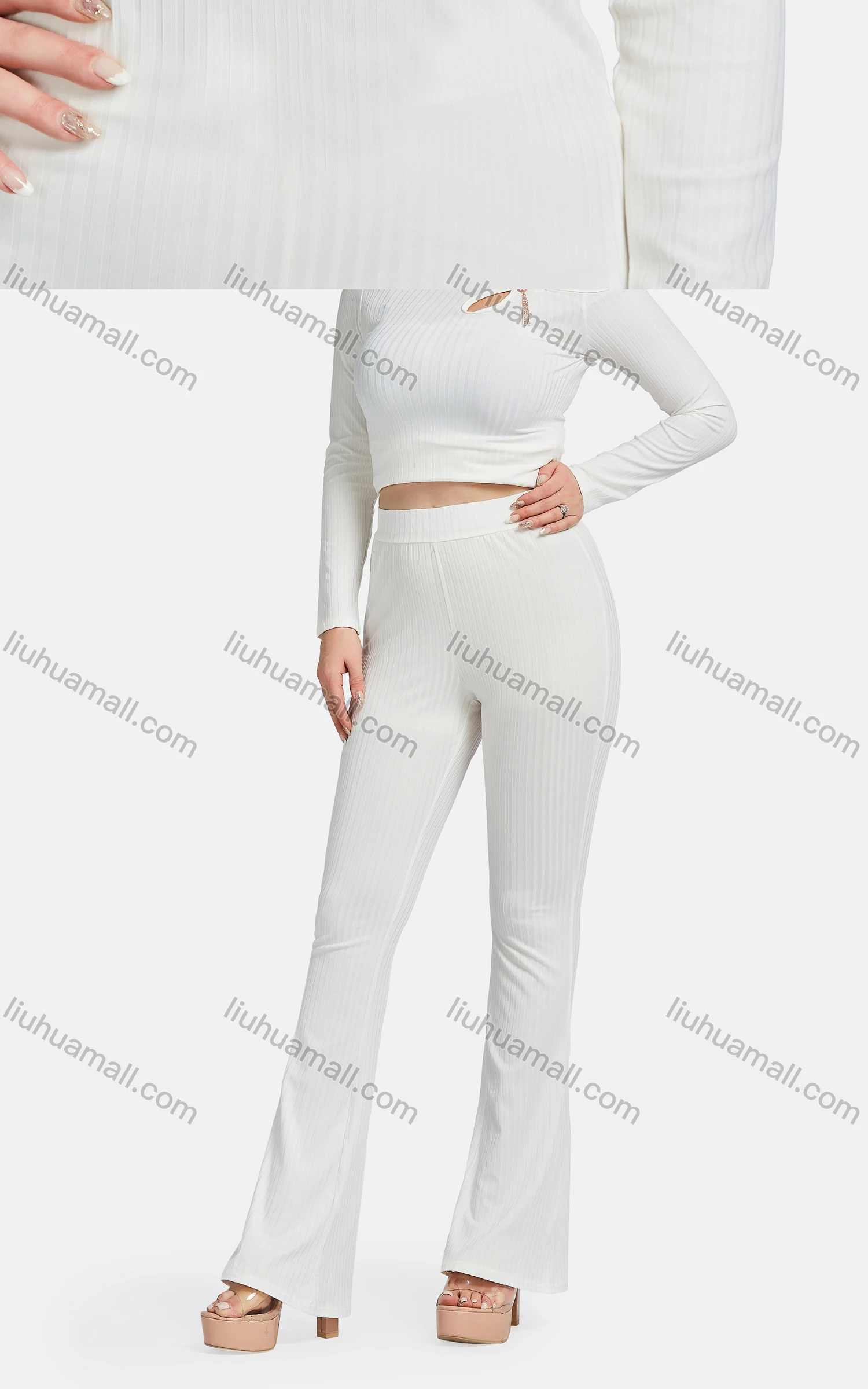 Wholesale Women's Casual Slim Fit Long Sleeve Cut Out Ribbed Pearl Decor Blouse 2-piece Set - Liuhuamall