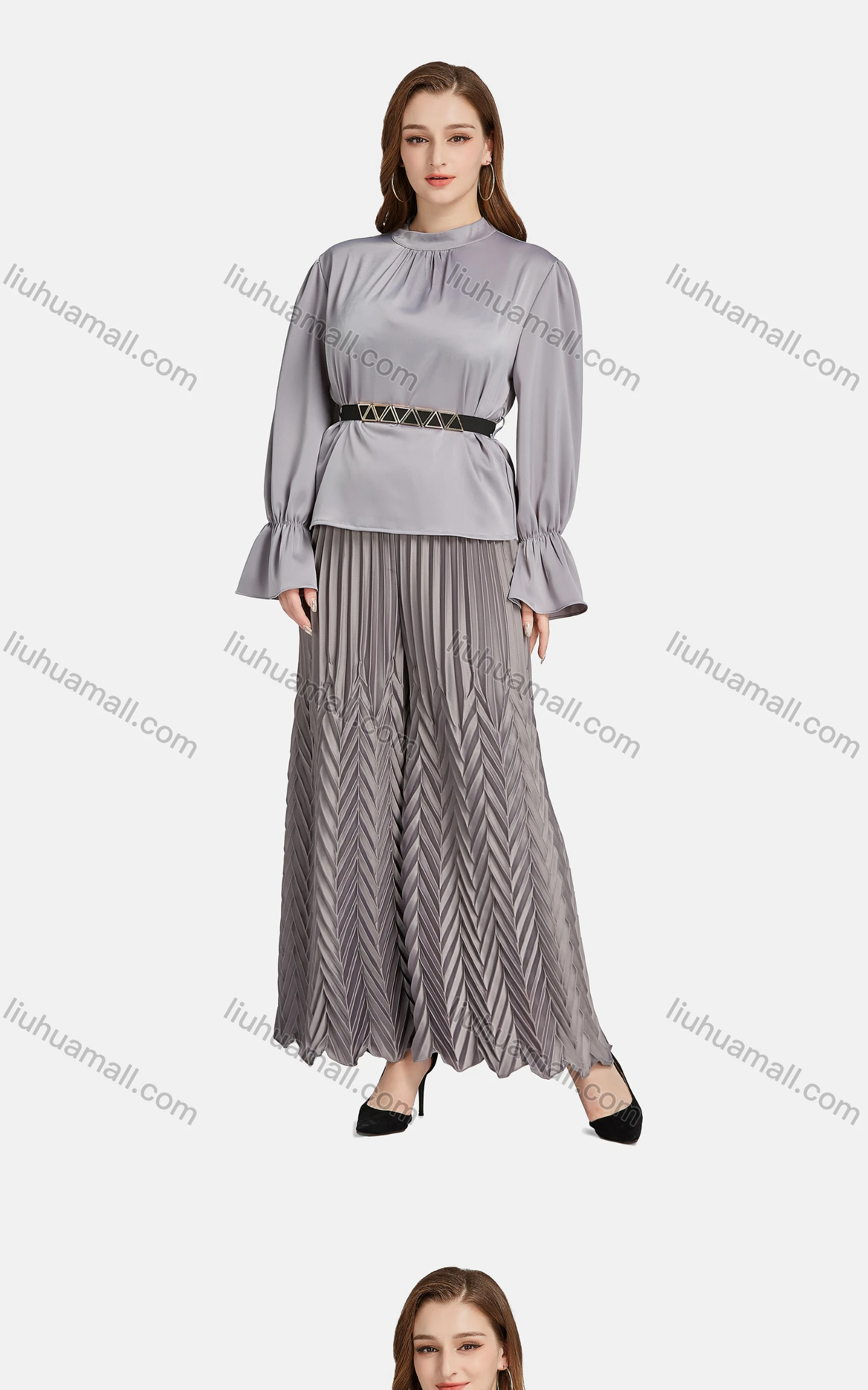 Wholesale Women's Casual Mock Neck Poet Sleeve Peplum Belted Blouse 2-piece Set - Liuhuamall