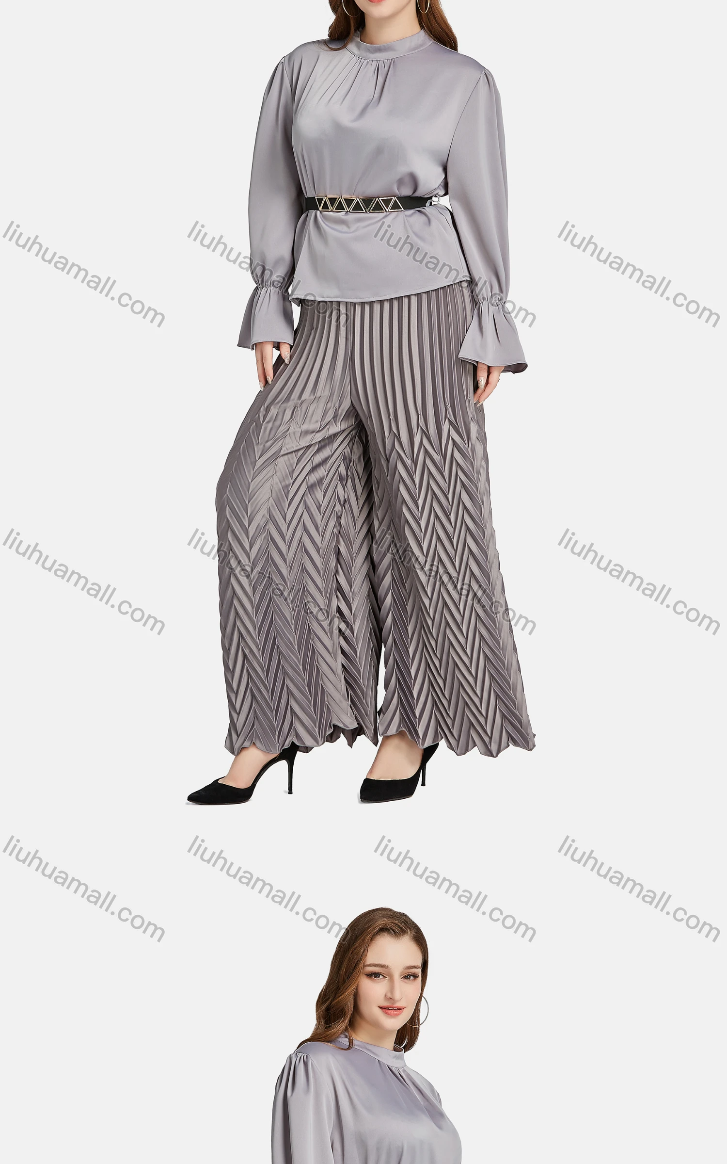 Wholesale Women's Casual Mock Neck Poet Sleeve Peplum Belted Blouse 2-piece Set - Liuhuamall