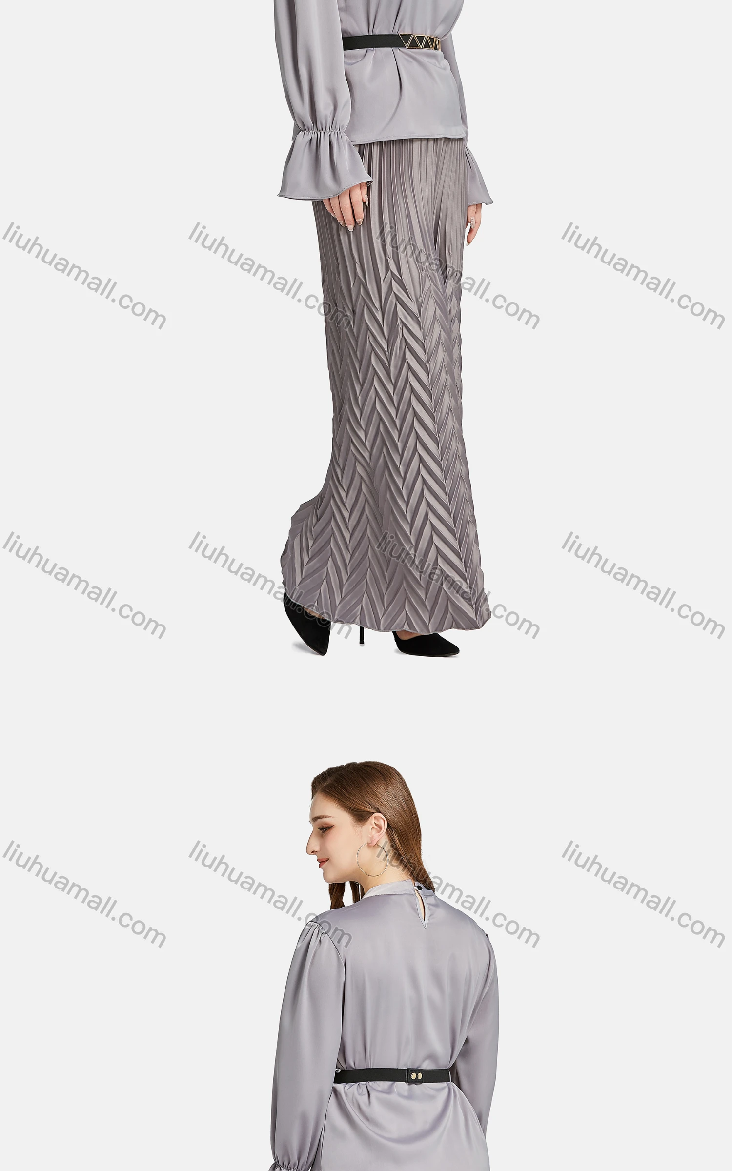Wholesale Women's Casual Mock Neck Poet Sleeve Peplum Belted Blouse 2-piece Set - Liuhuamall