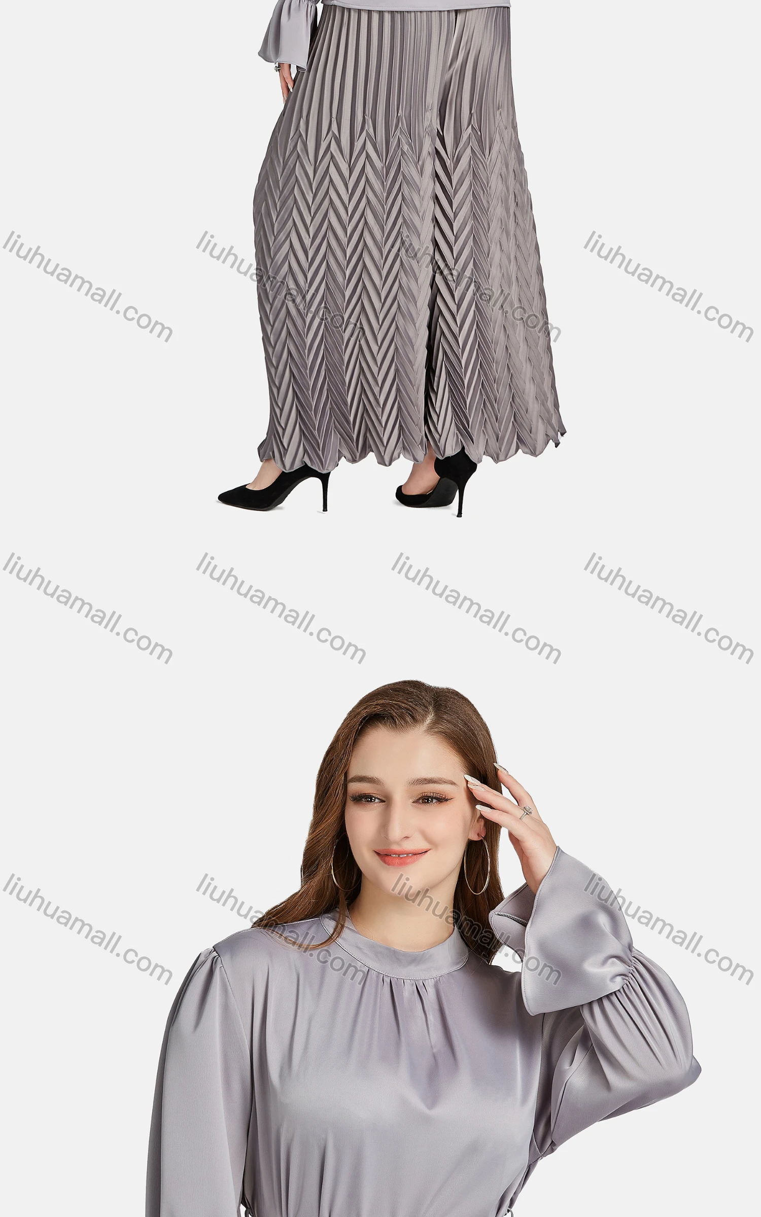 Wholesale Women's Casual Mock Neck Poet Sleeve Peplum Belted Blouse 2-piece Set - Liuhuamall