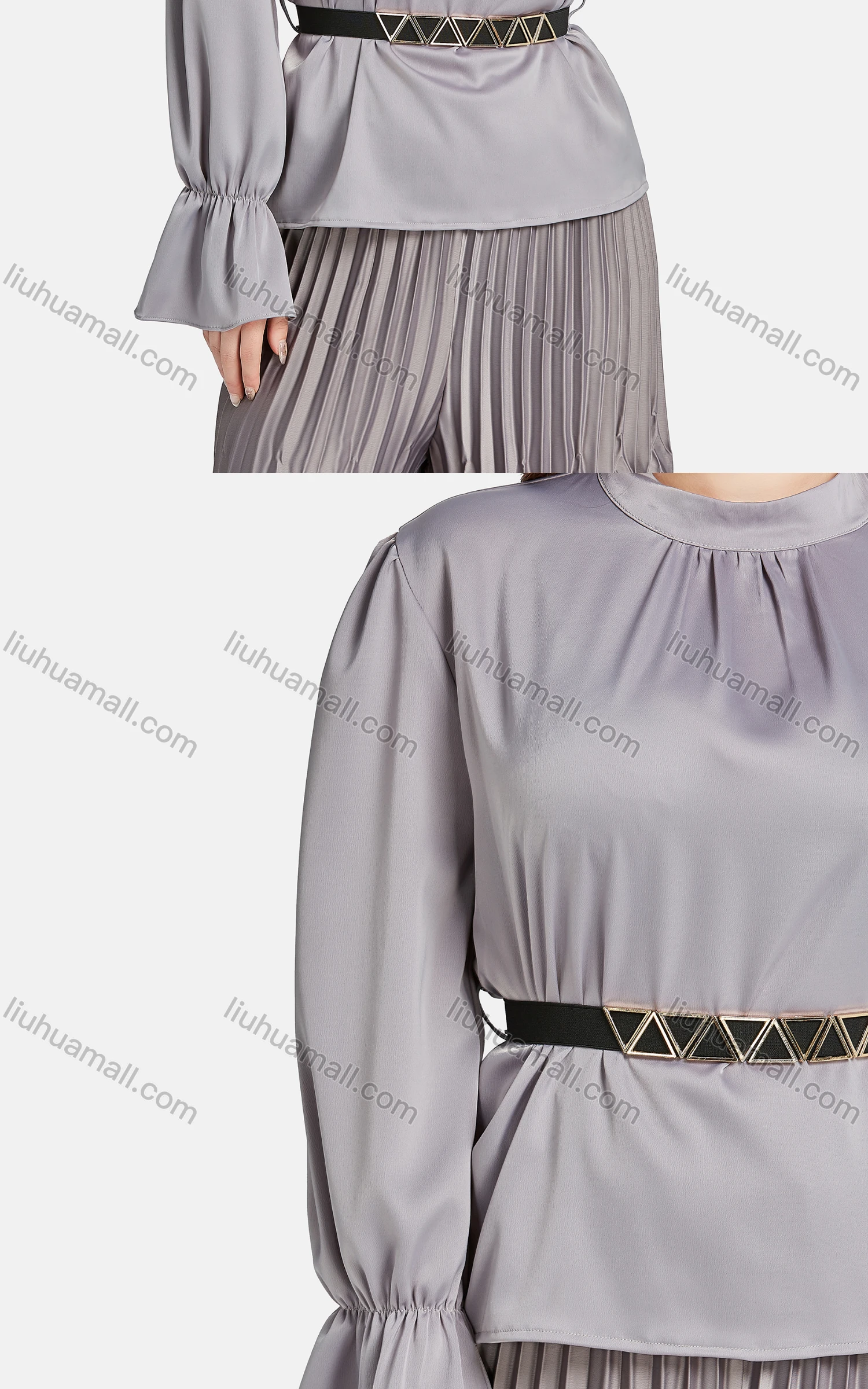 Wholesale Women's Casual Mock Neck Poet Sleeve Peplum Belted Blouse 2-piece Set - Liuhuamall