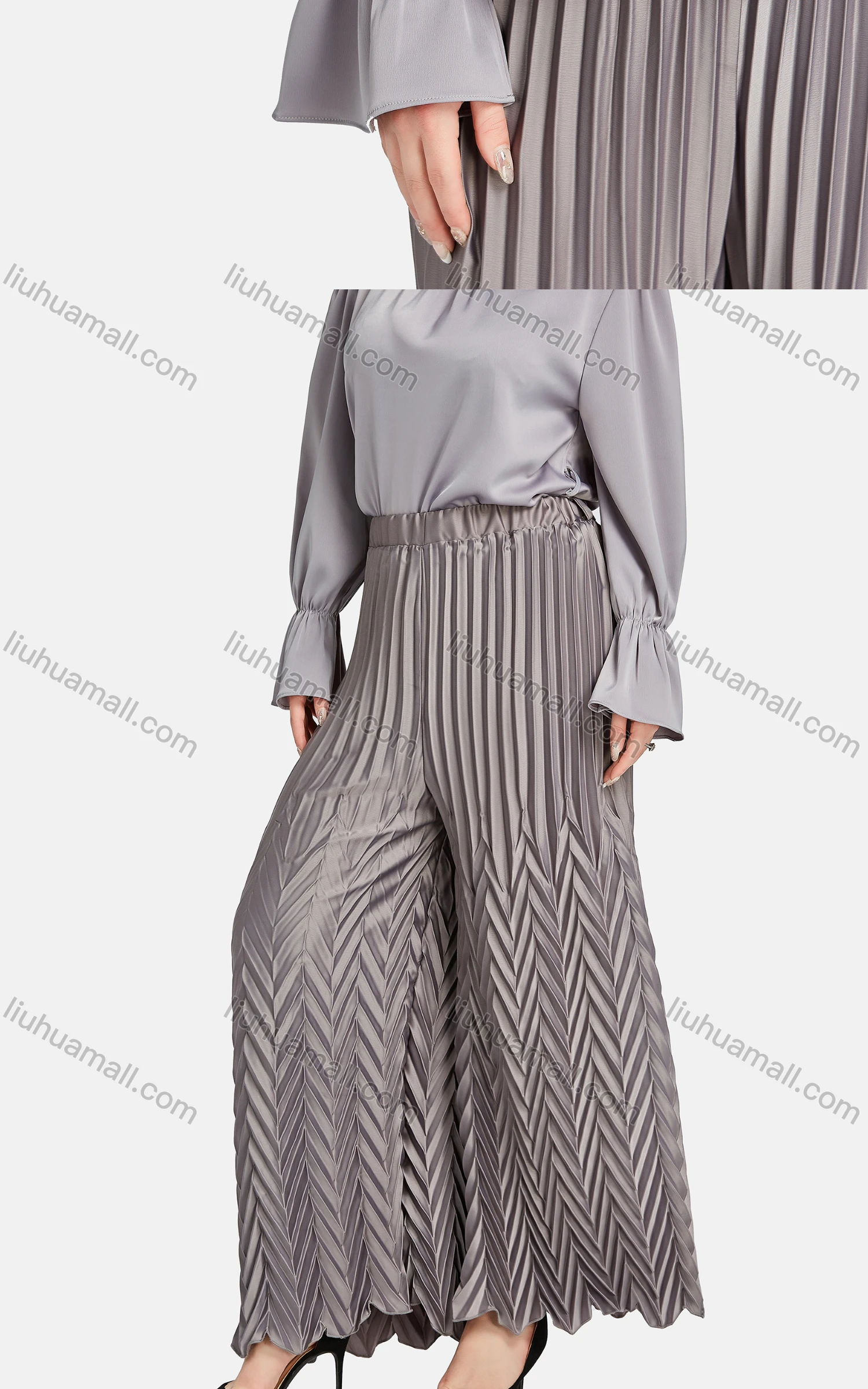 Wholesale Women's Casual Mock Neck Poet Sleeve Peplum Belted Blouse 2-piece Set - Liuhuamall