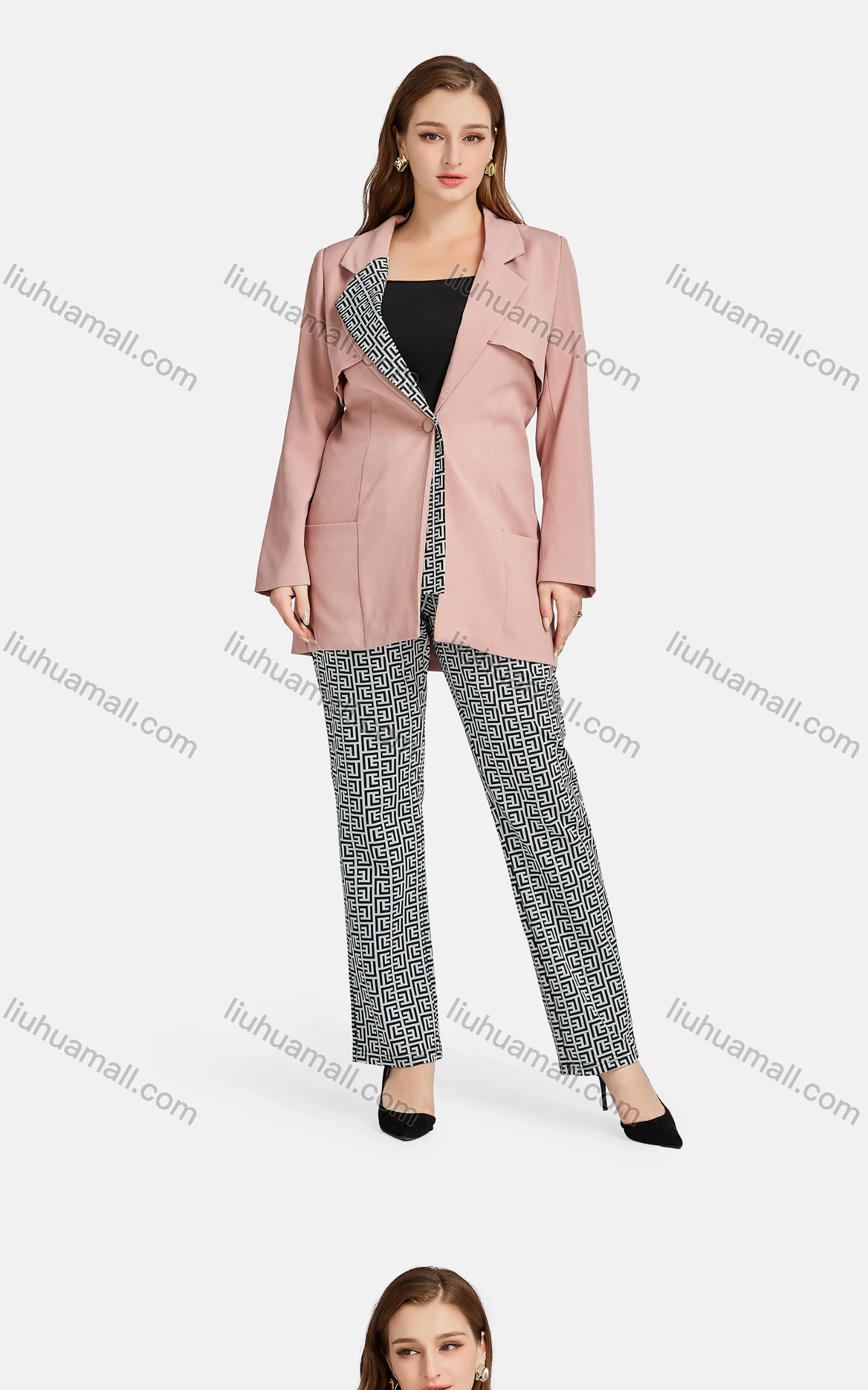 Wholesale Women's Casual Lapel Plain Greek Key Patch Pockets One Button Suit Jacket 2-piece Set - Liuhuamall