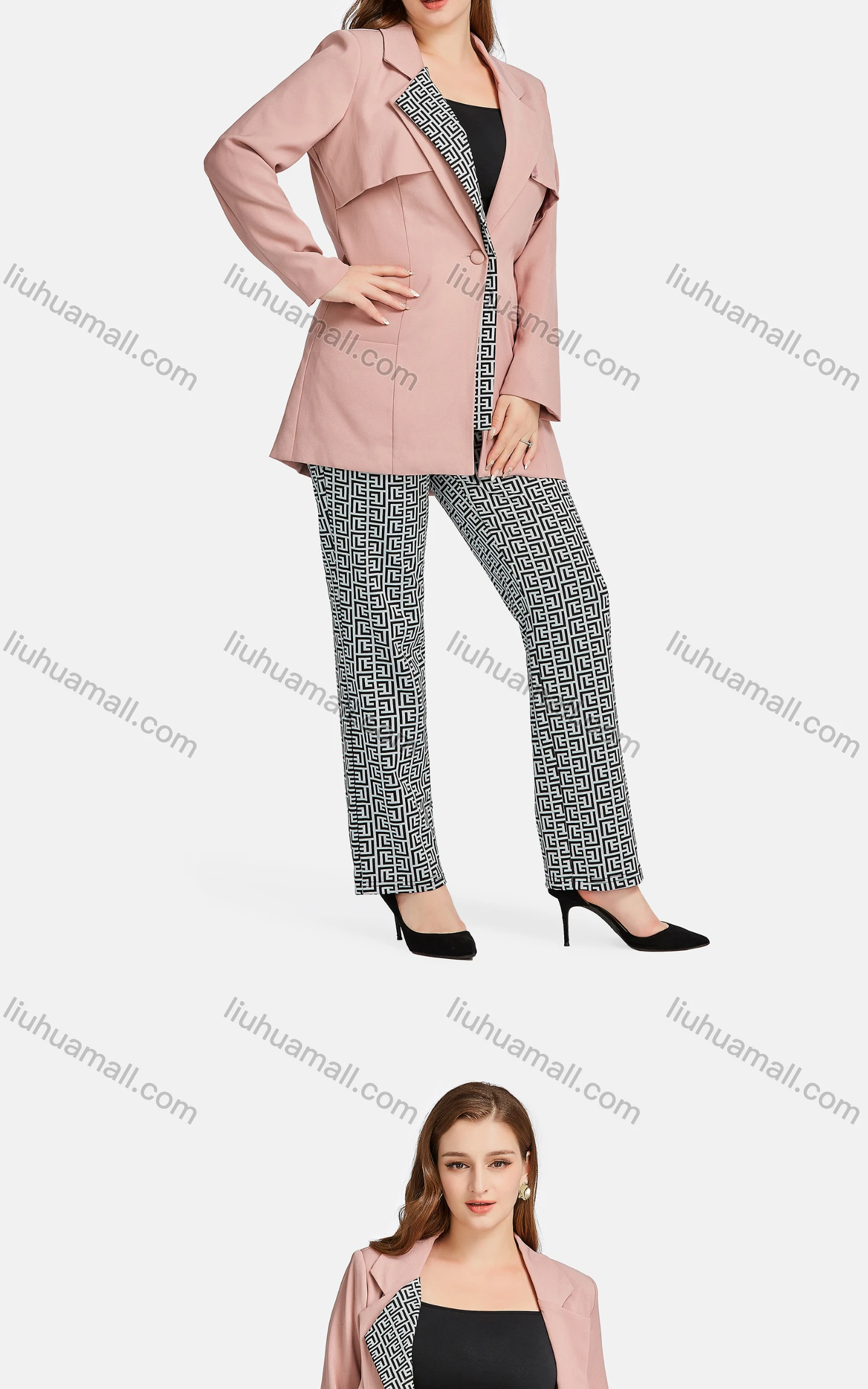Wholesale Women's Casual Lapel Plain Greek Key Patch Pockets One Button Suit Jacket 2-piece Set - Liuhuamall