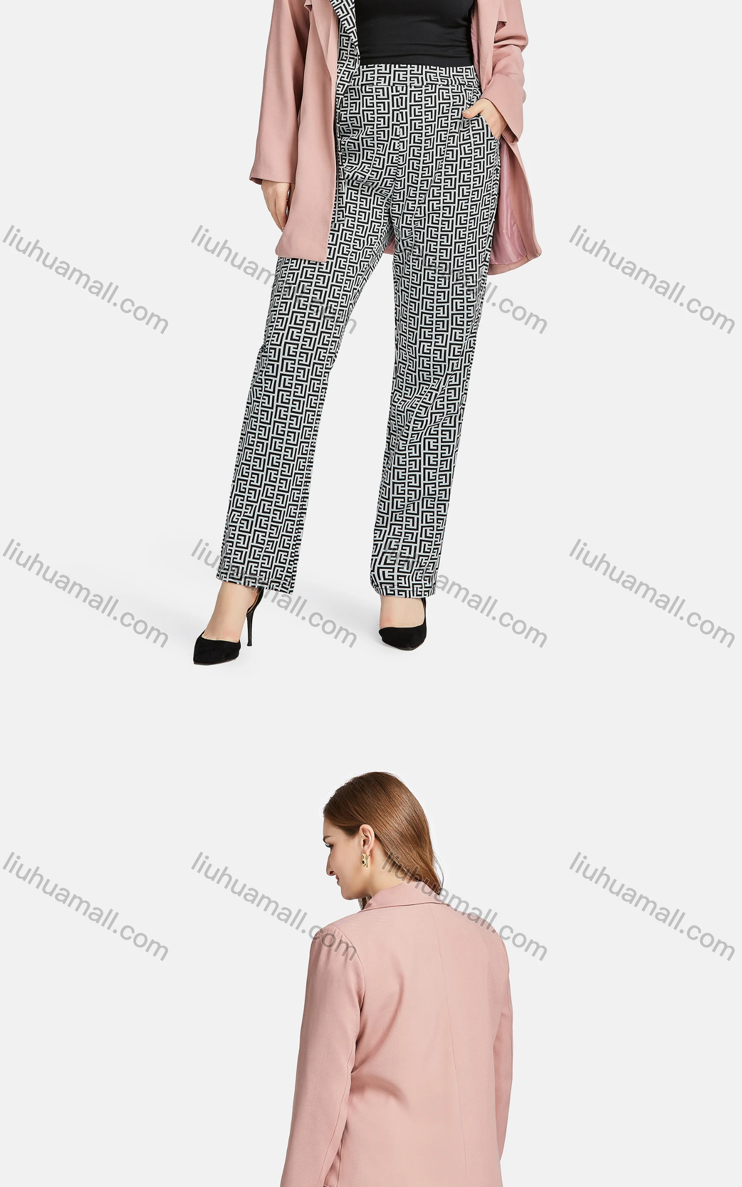 Wholesale Women's Casual Lapel Plain Greek Key Patch Pockets One Button Suit Jacket 2-piece Set - Liuhuamall