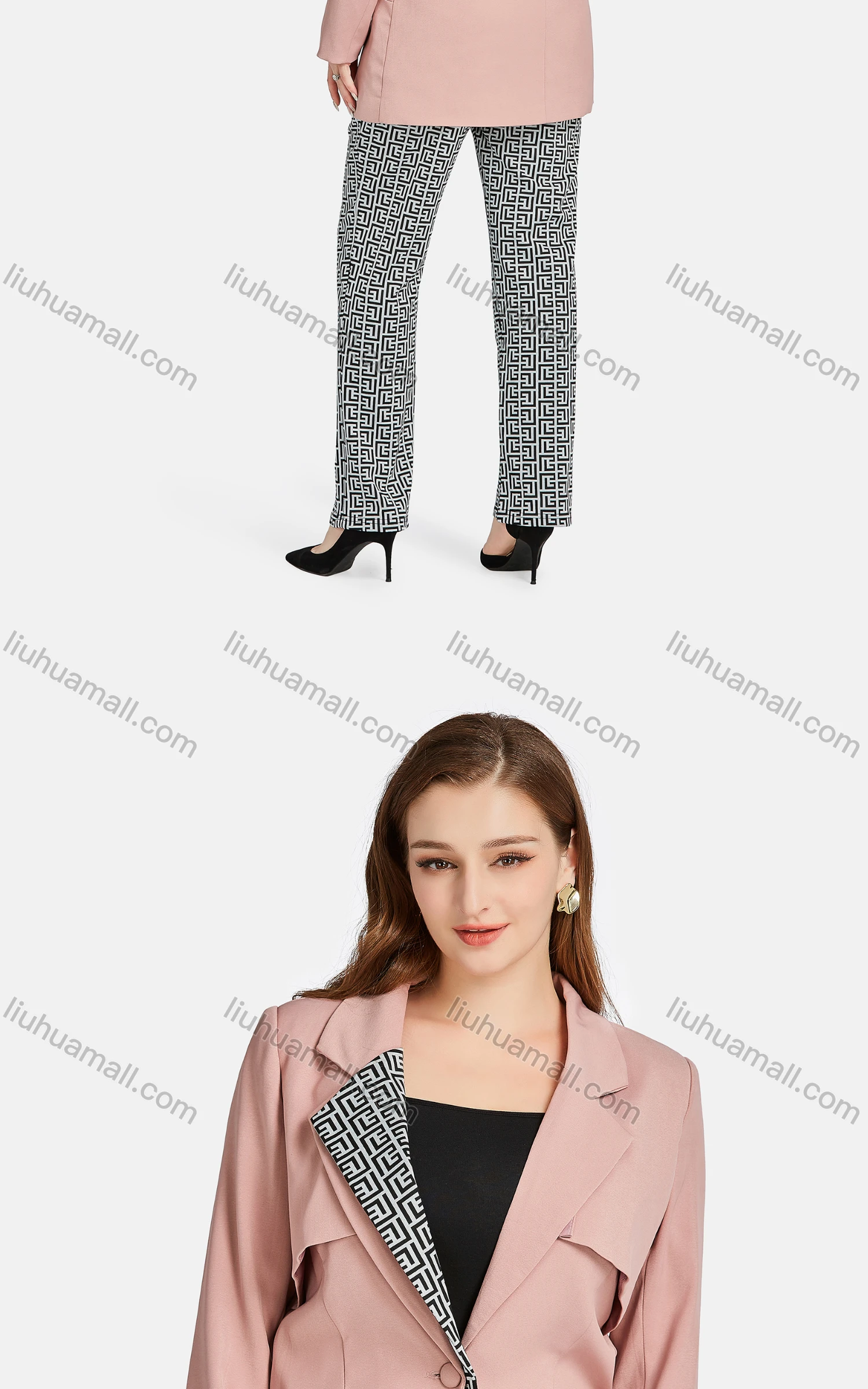 Wholesale Women's Casual Lapel Plain Greek Key Patch Pockets One Button Suit Jacket 2-piece Set - Liuhuamall