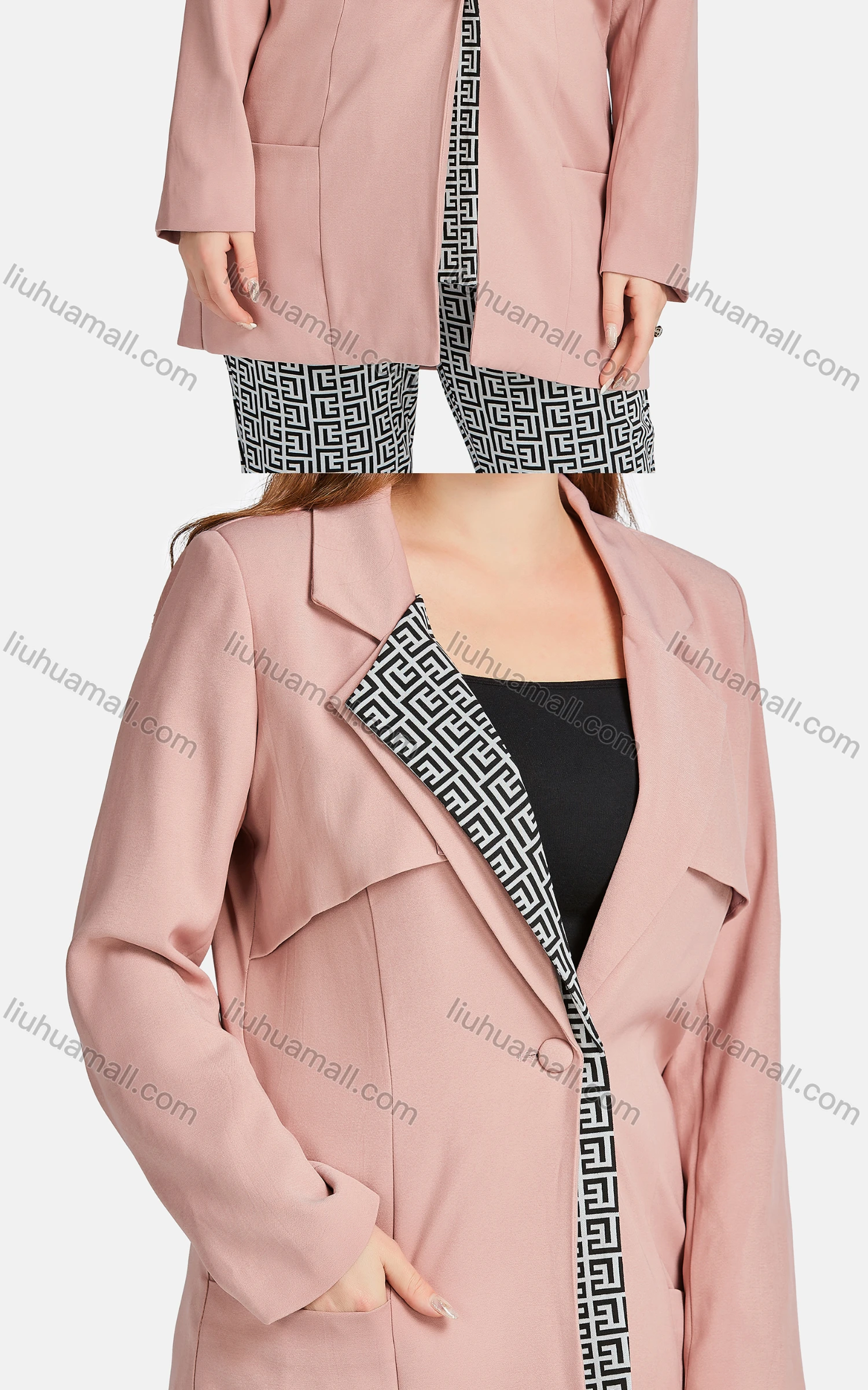 Wholesale Women's Casual Lapel Plain Greek Key Patch Pockets One Button Suit Jacket 2-piece Set - Liuhuamall
