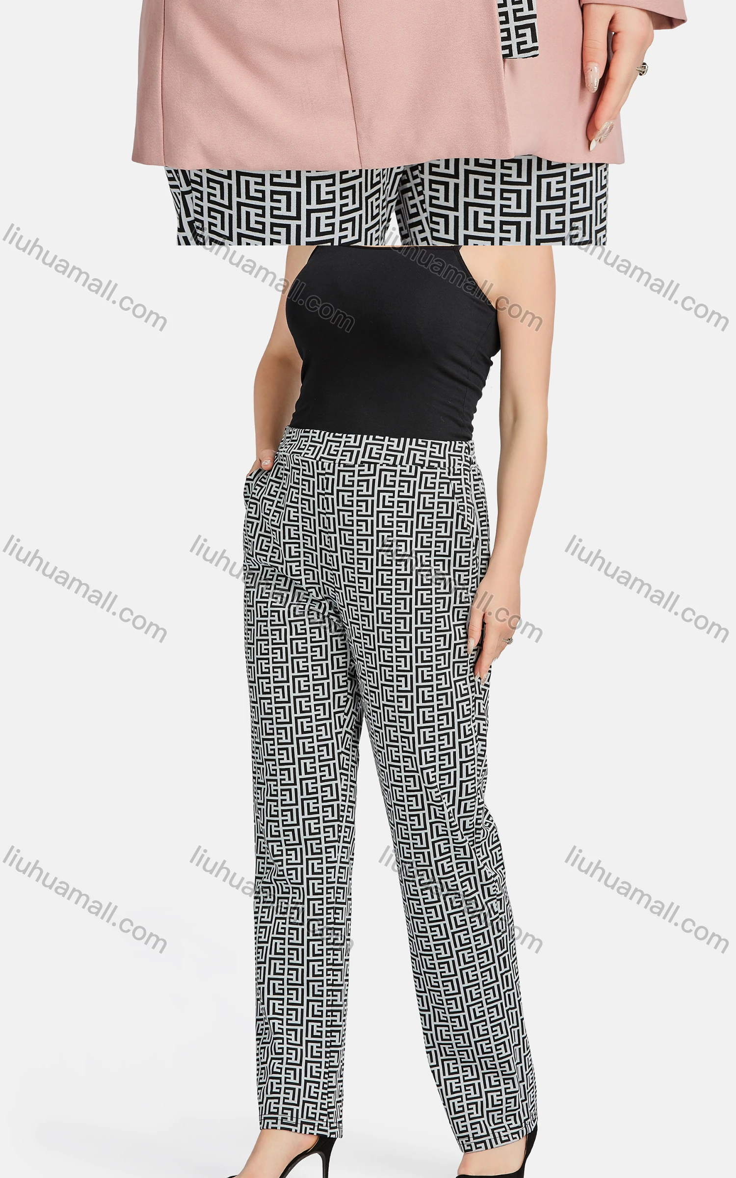 Wholesale Women's Casual Lapel Plain Greek Key Patch Pockets One Button Suit Jacket 2-piece Set - Liuhuamall