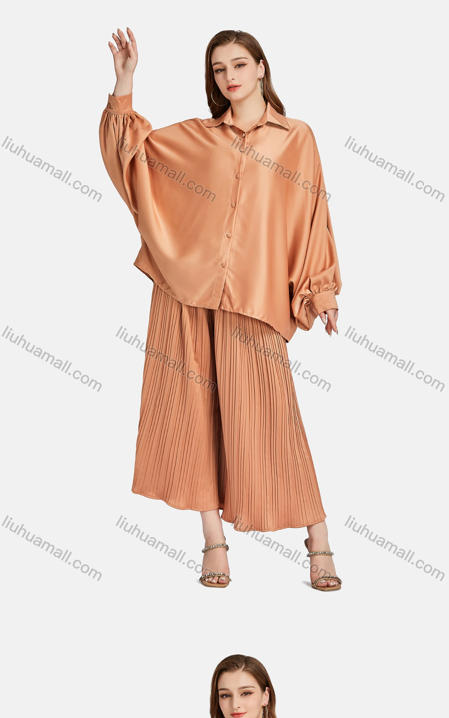 Wholesale Women's Casual Collared Shirt Sleeve Button Down Overshirt 2-piece Set - Liuhuamall