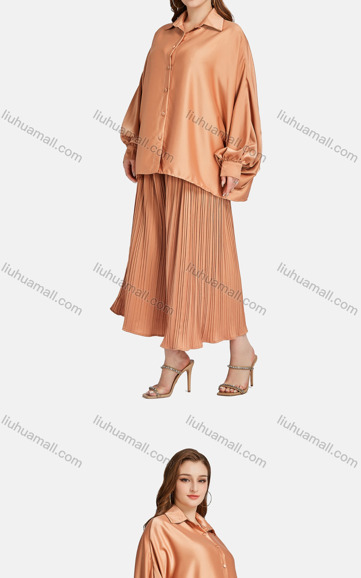 Wholesale Women's Casual Collared Shirt Sleeve Button Down Overshirt 2-piece Set - Liuhuamall