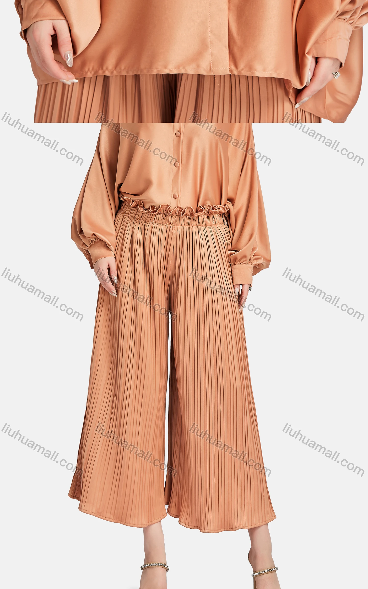 Wholesale Women's Casual Collared Shirt Sleeve Button Down Overshirt 2-piece Set - Liuhuamall