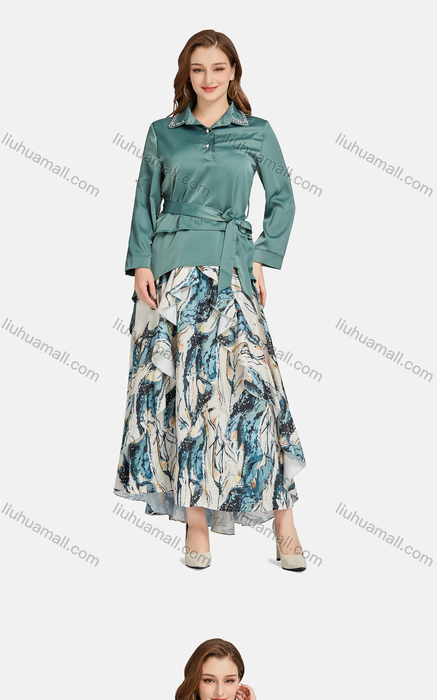 Wholesale Women's Casual Collared Rhinestone Button Front Lace Up Blouse 2-piece Set - Liuhuamall