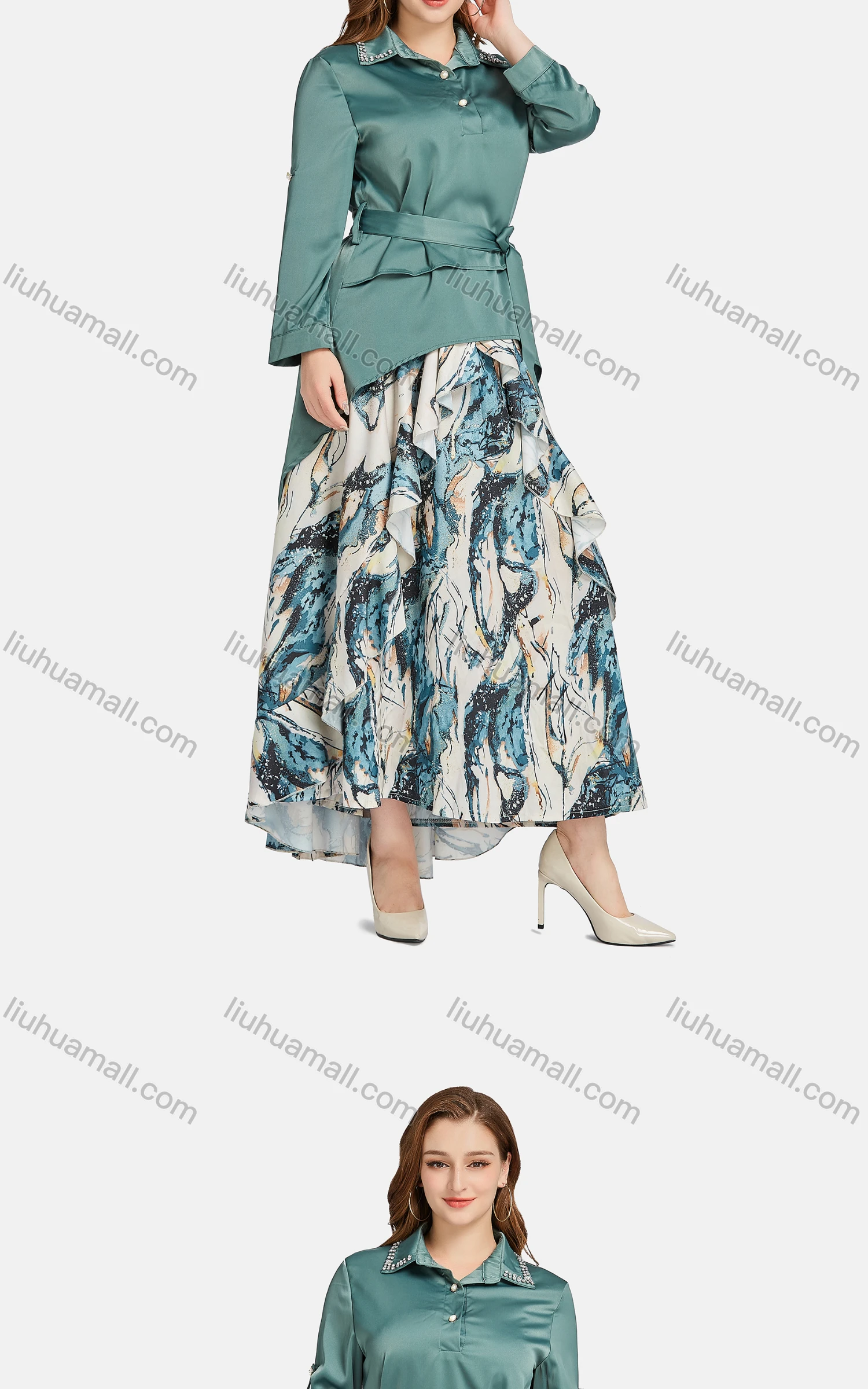 Wholesale Women's Casual Collared Rhinestone Button Front Lace Up Blouse 2-piece Set - Liuhuamall