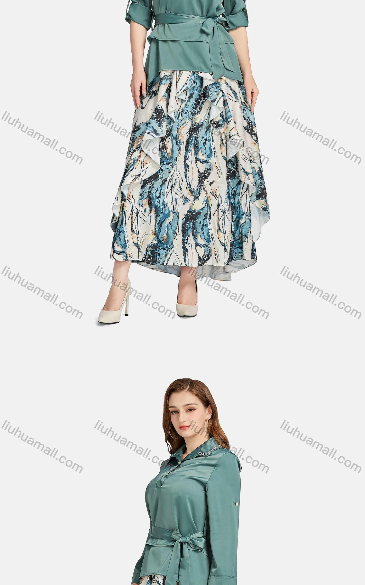Wholesale Women's Casual Collared Rhinestone Button Front Lace Up Blouse 2-piece Set - Liuhuamall