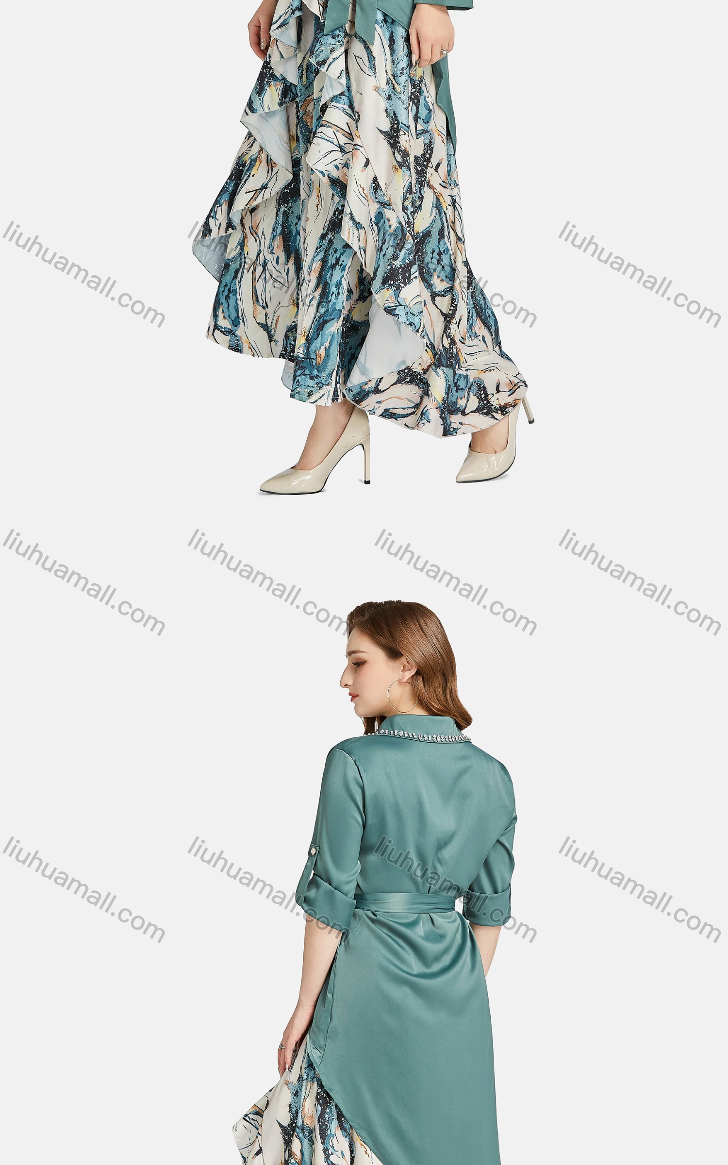 Wholesale Women's Casual Collared Rhinestone Button Front Lace Up Blouse 2-piece Set - Liuhuamall