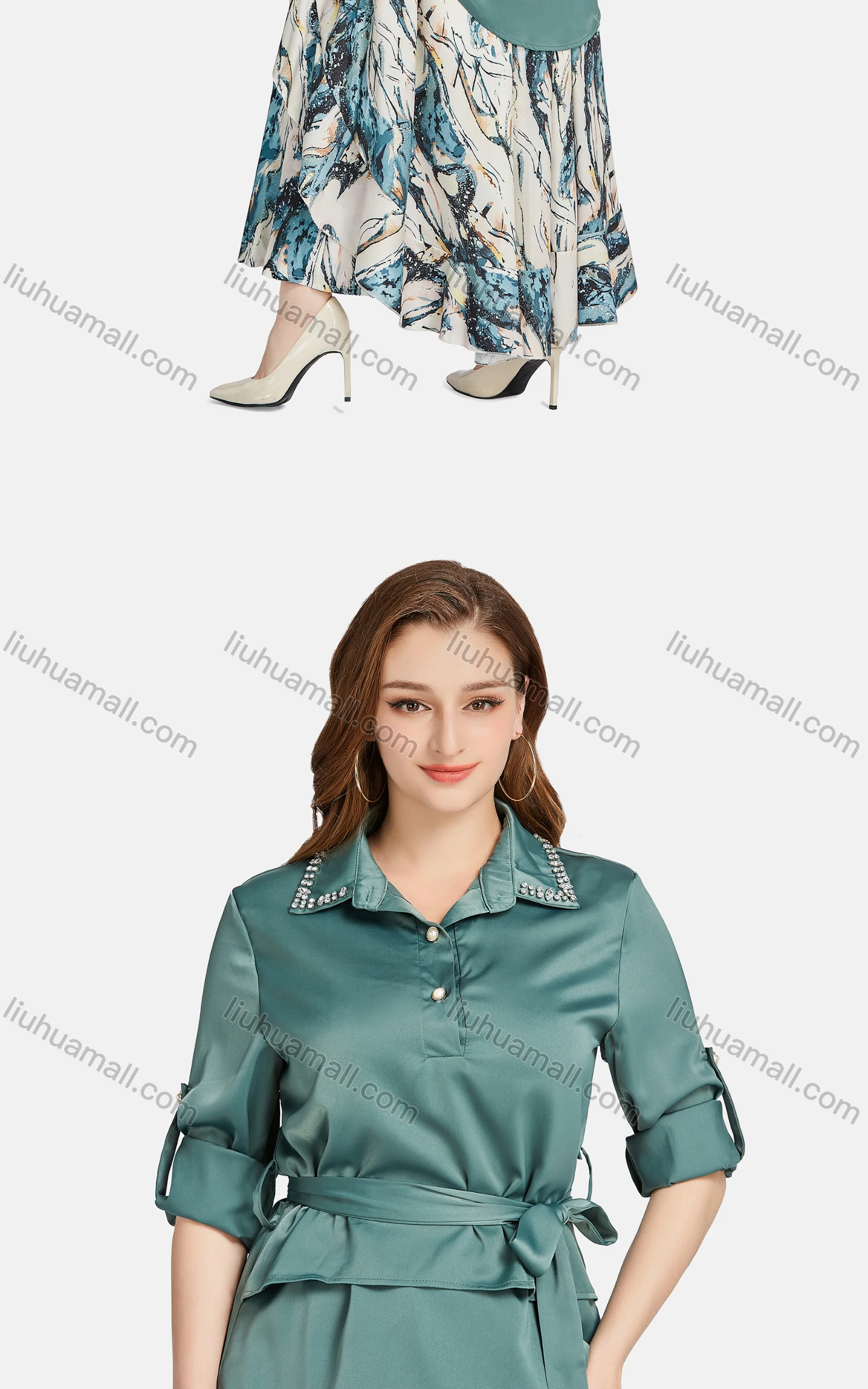 Wholesale Women's Casual Collared Rhinestone Button Front Lace Up Blouse 2-piece Set - Liuhuamall