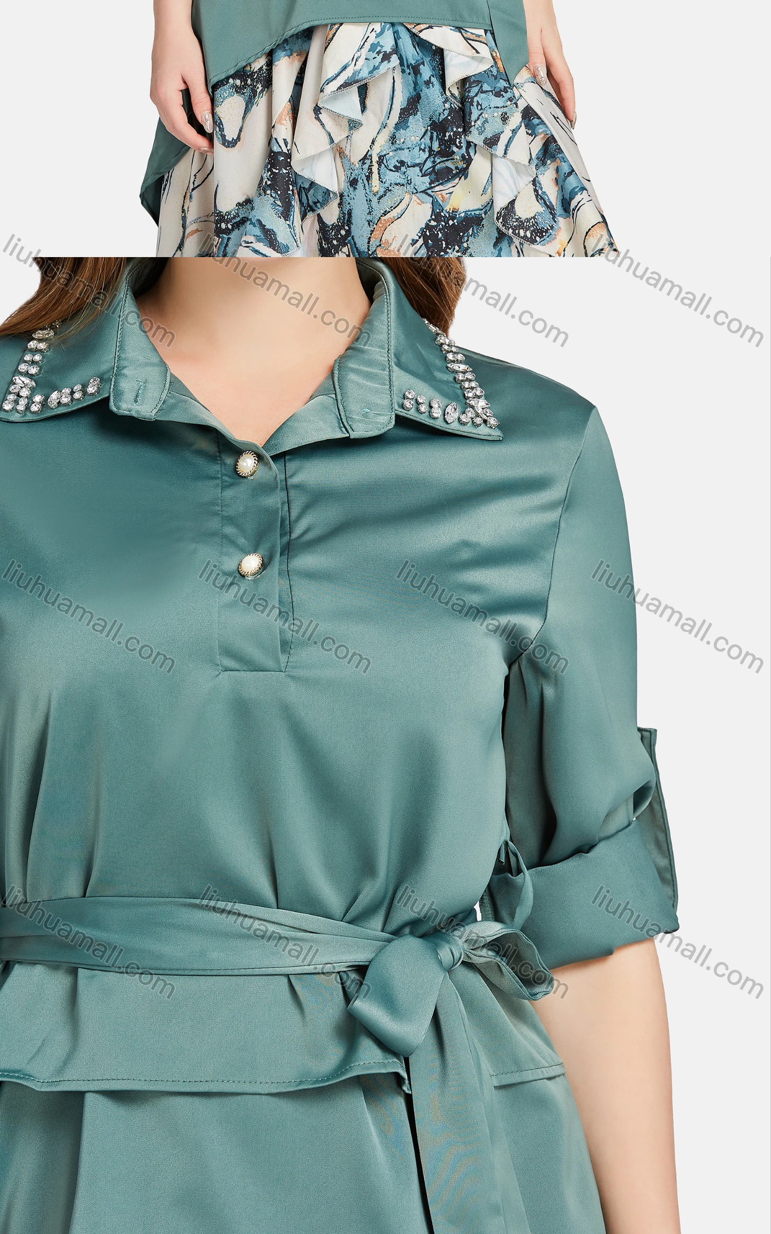 Wholesale Women's Casual Collared Rhinestone Button Front Lace Up Blouse 2-piece Set - Liuhuamall