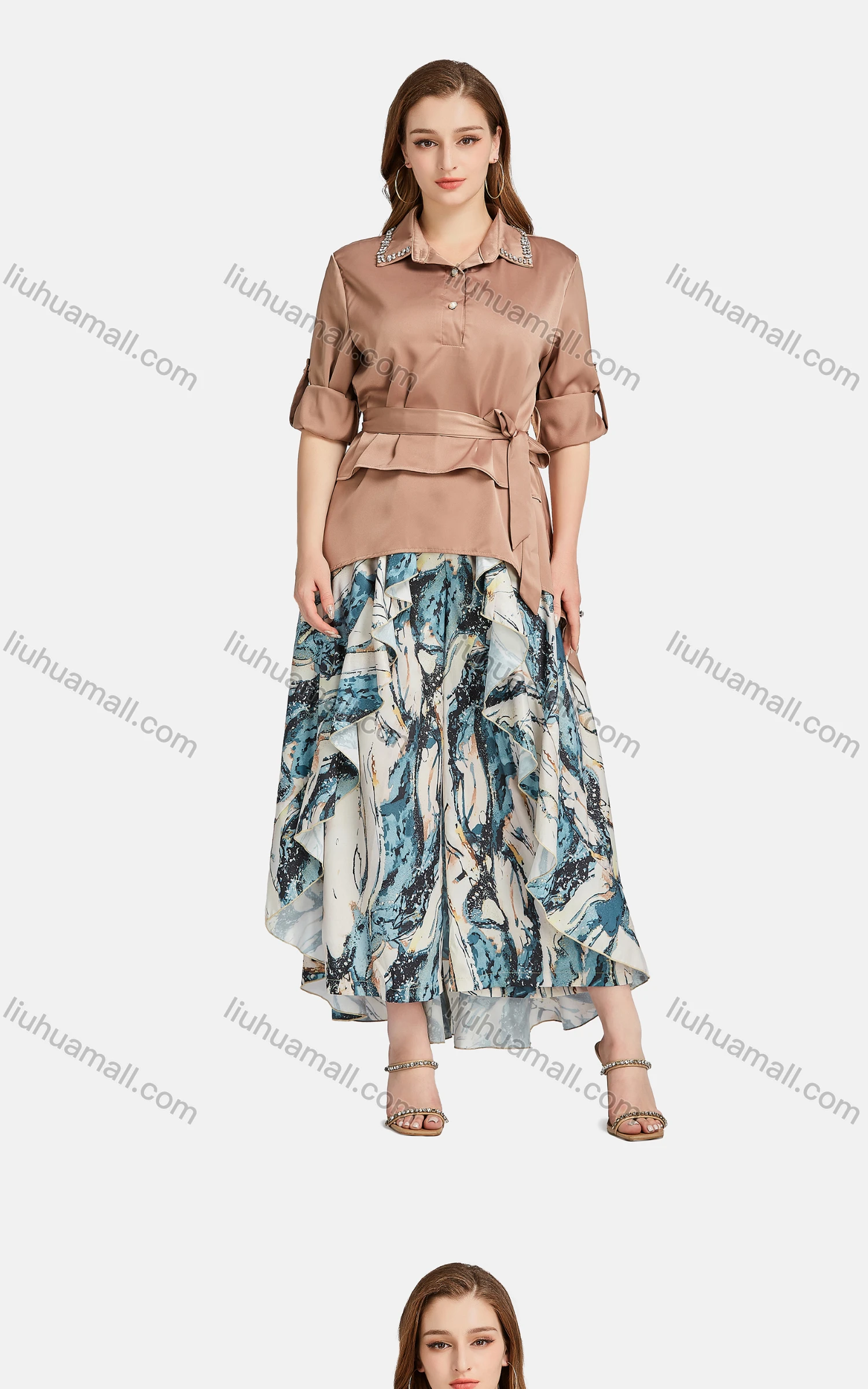 Wholesale Women's Casual Collared Rhinestone Button Front Lace Up Blouse 2-piece Set - Liuhuamall