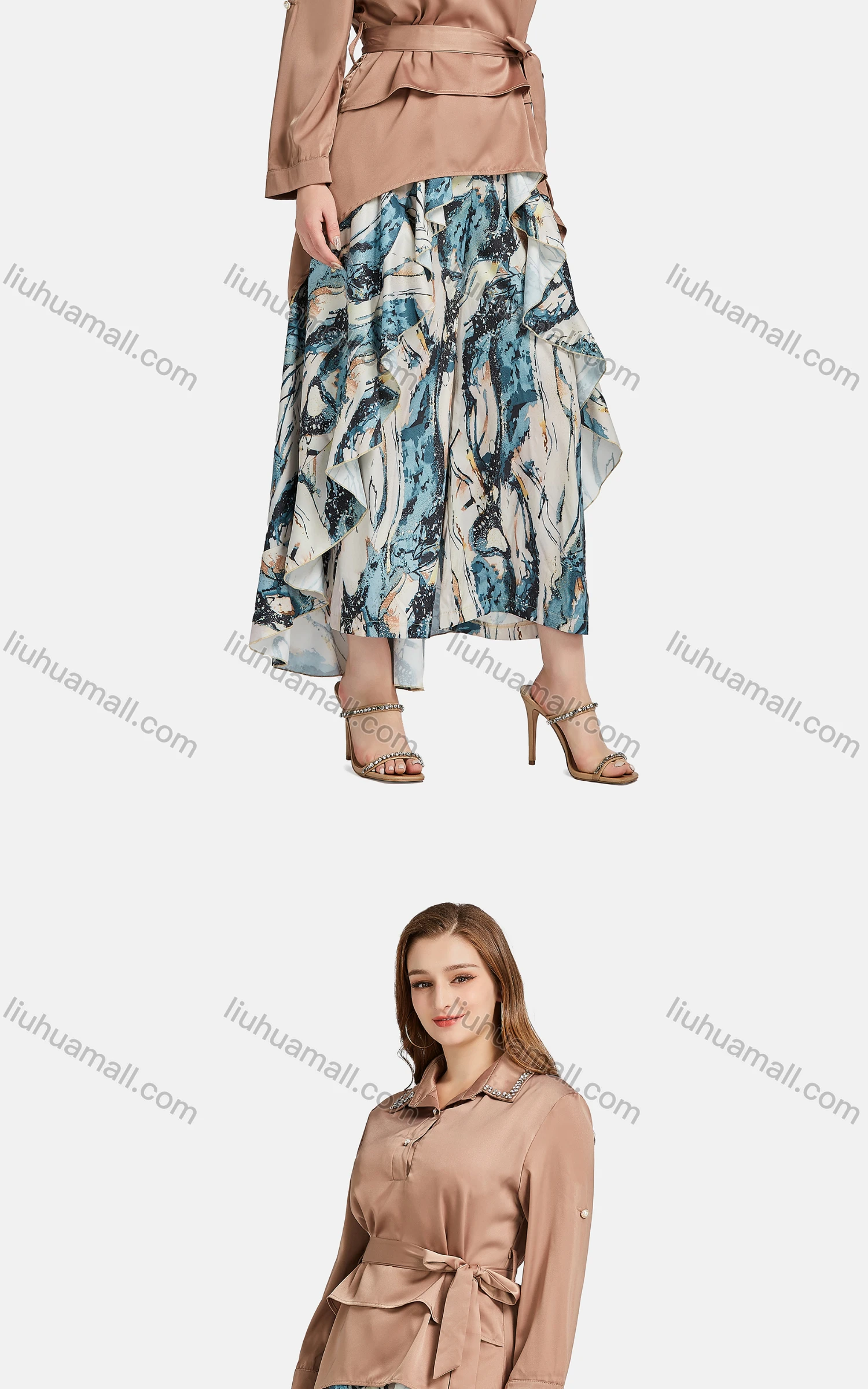 Wholesale Women's Casual Collared Rhinestone Button Front Lace Up Blouse 2-piece Set - Liuhuamall