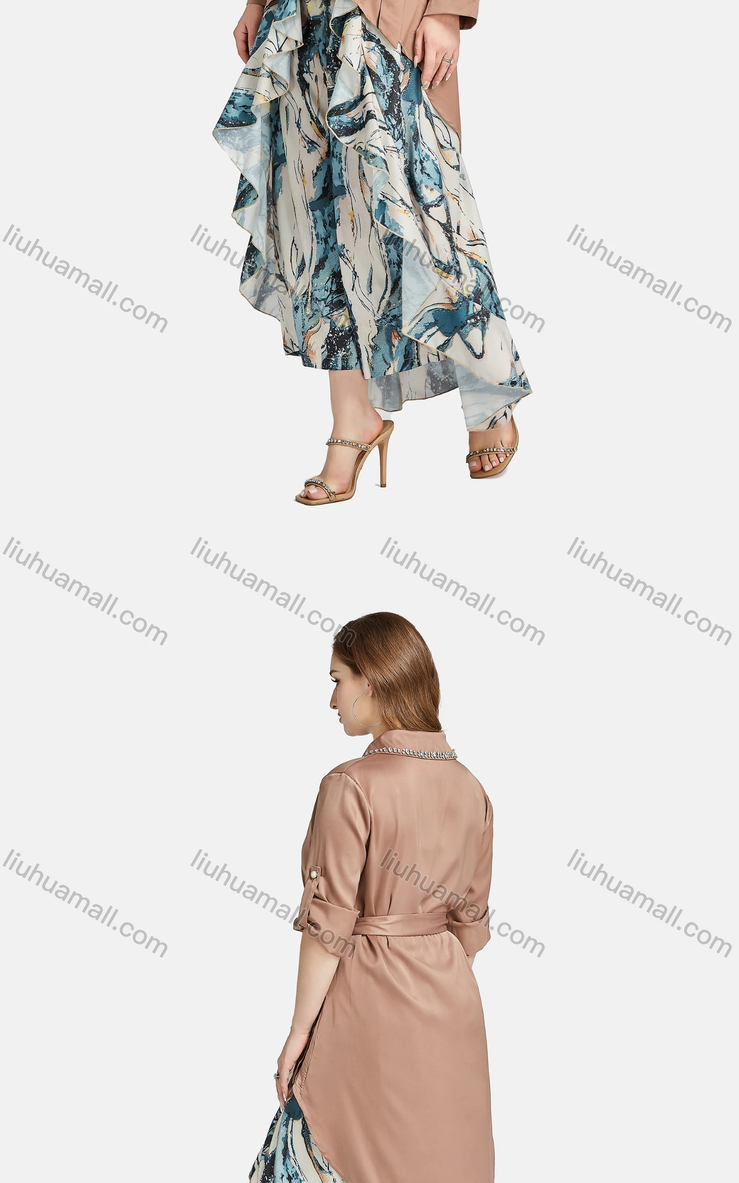 Wholesale Women's Casual Collared Rhinestone Button Front Lace Up Blouse 2-piece Set - Liuhuamall