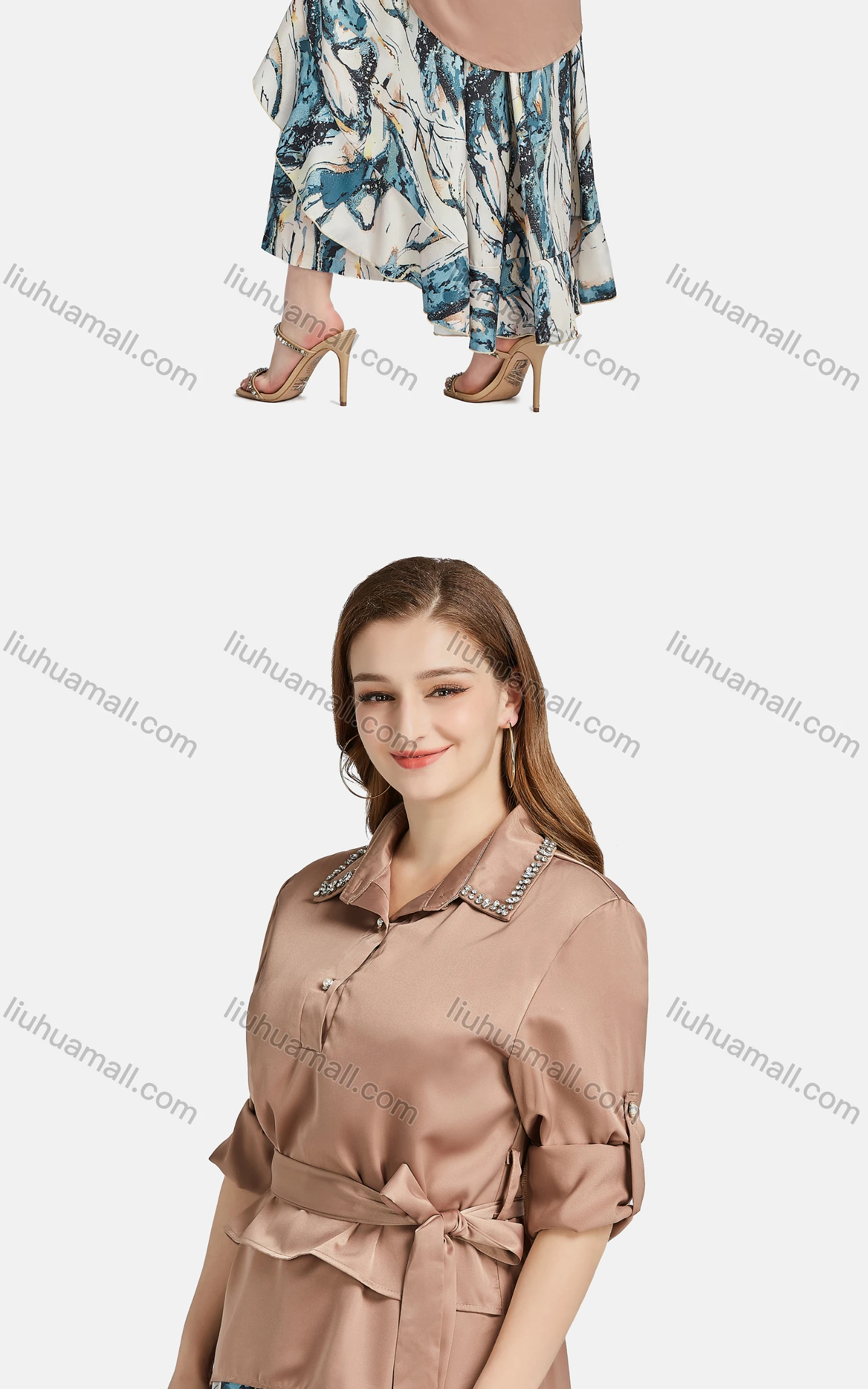 Wholesale Women's Casual Collared Rhinestone Button Front Lace Up Blouse 2-piece Set - Liuhuamall