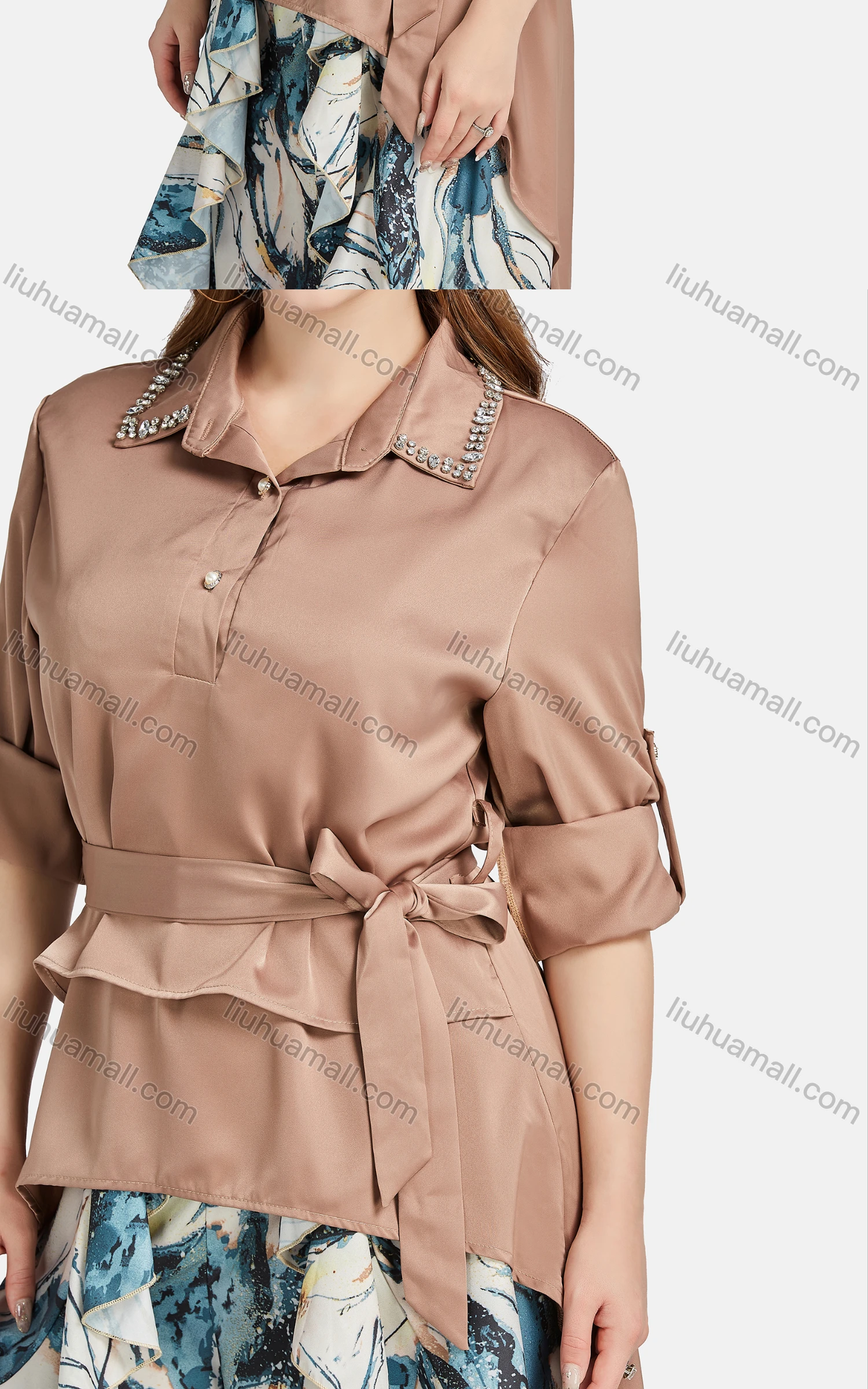 Wholesale Women's Casual Collared Rhinestone Button Front Lace Up Blouse 2-piece Set - Liuhuamall