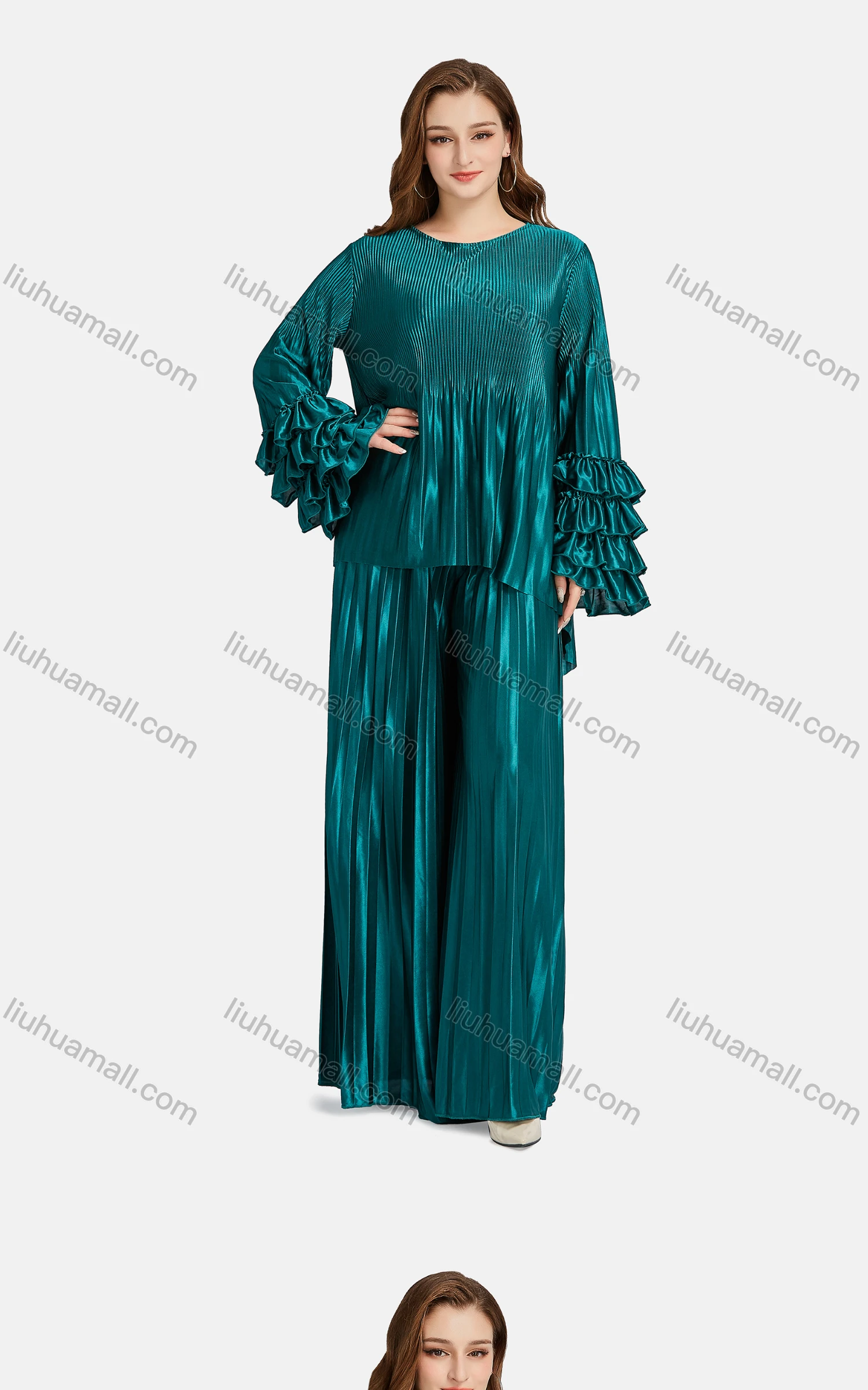 Wholesale Women's Fashion Crew Neck Tiered Sleeve Ribbed Ruffle Trim Blouse 2-piece Set - Liuhuamall