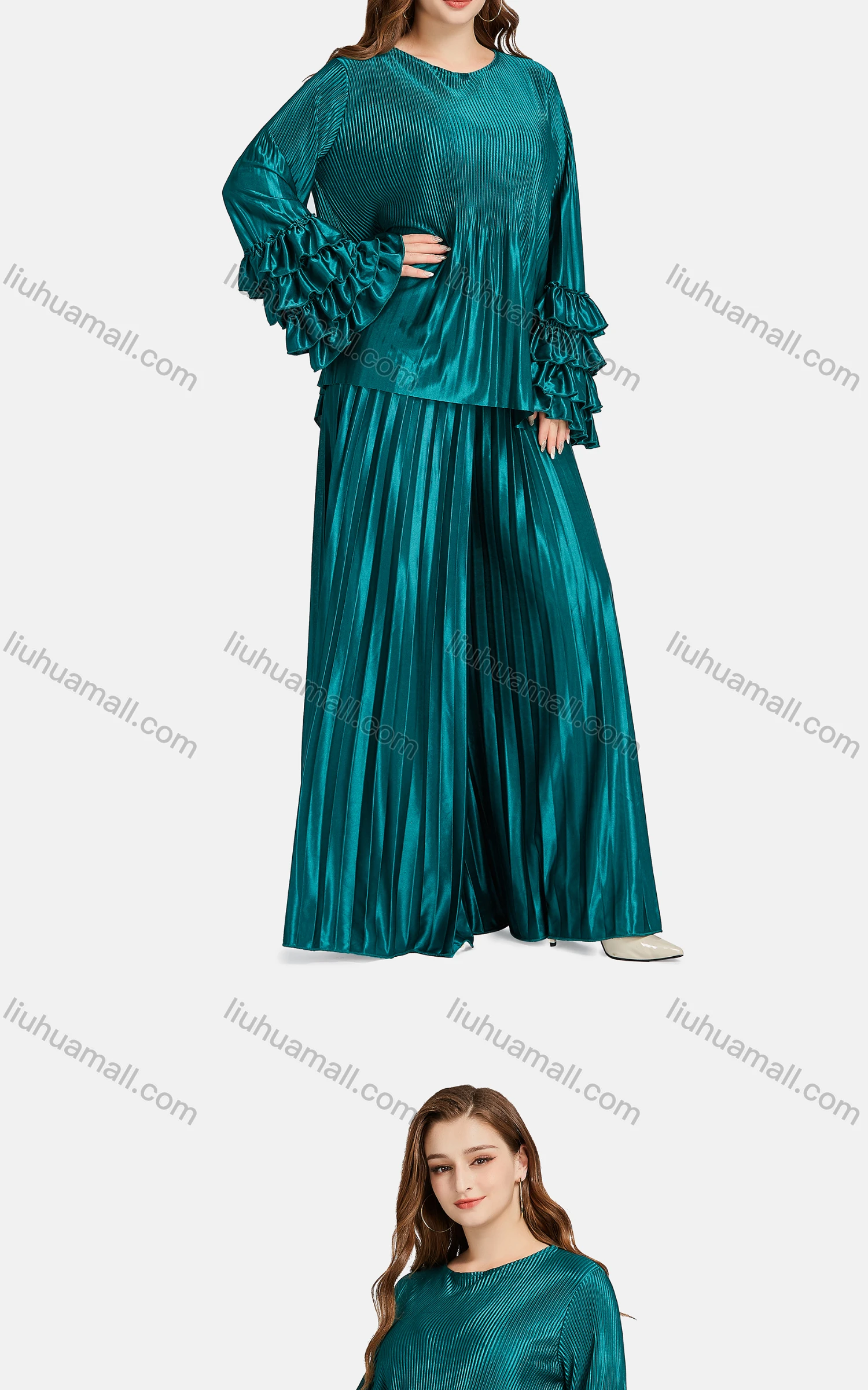 Wholesale Women's Fashion Crew Neck Tiered Sleeve Ribbed Ruffle Trim Blouse 2-piece Set - Liuhuamall
