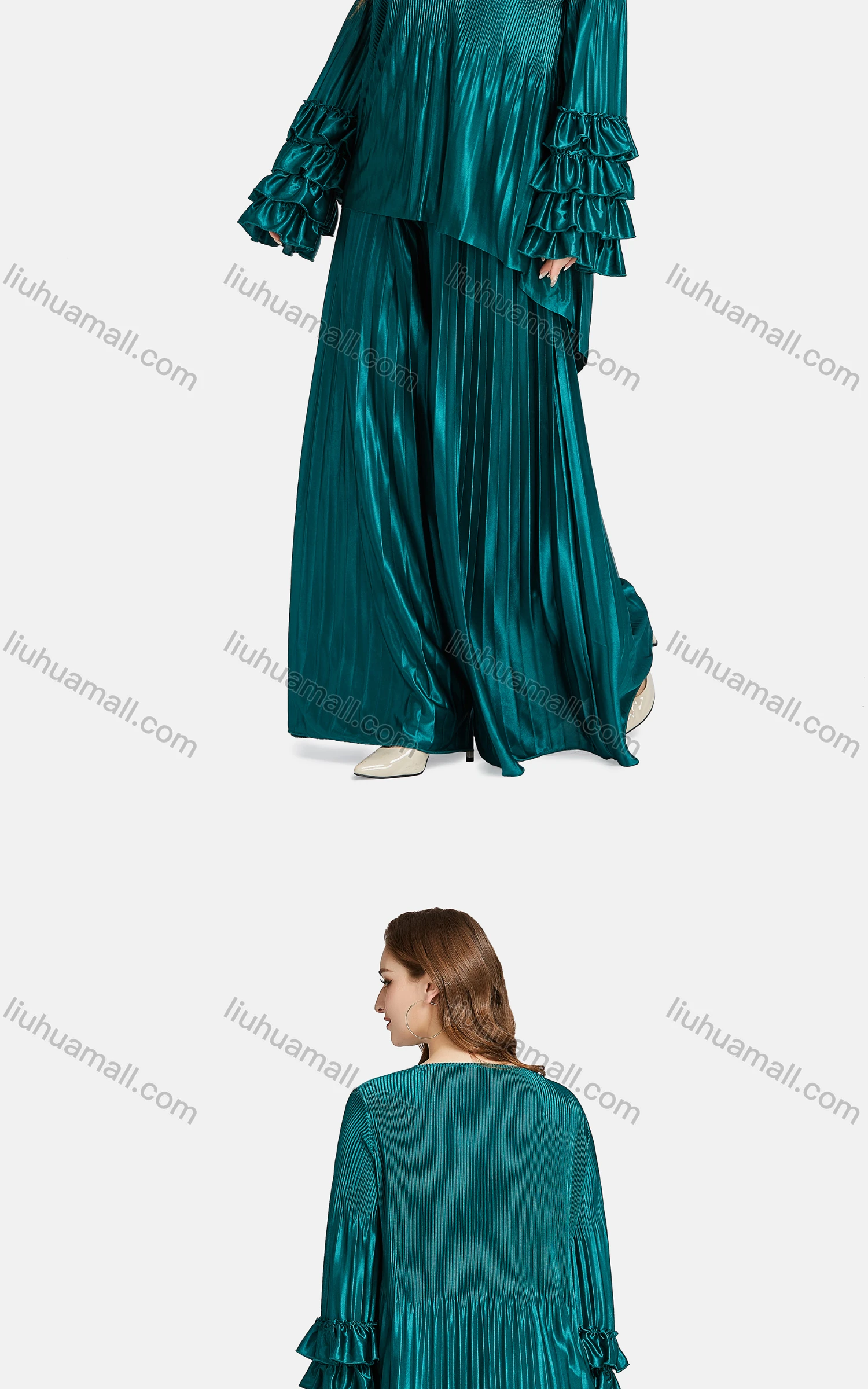 Wholesale Women's Fashion Crew Neck Tiered Sleeve Ribbed Ruffle Trim Blouse 2-piece Set - Liuhuamall