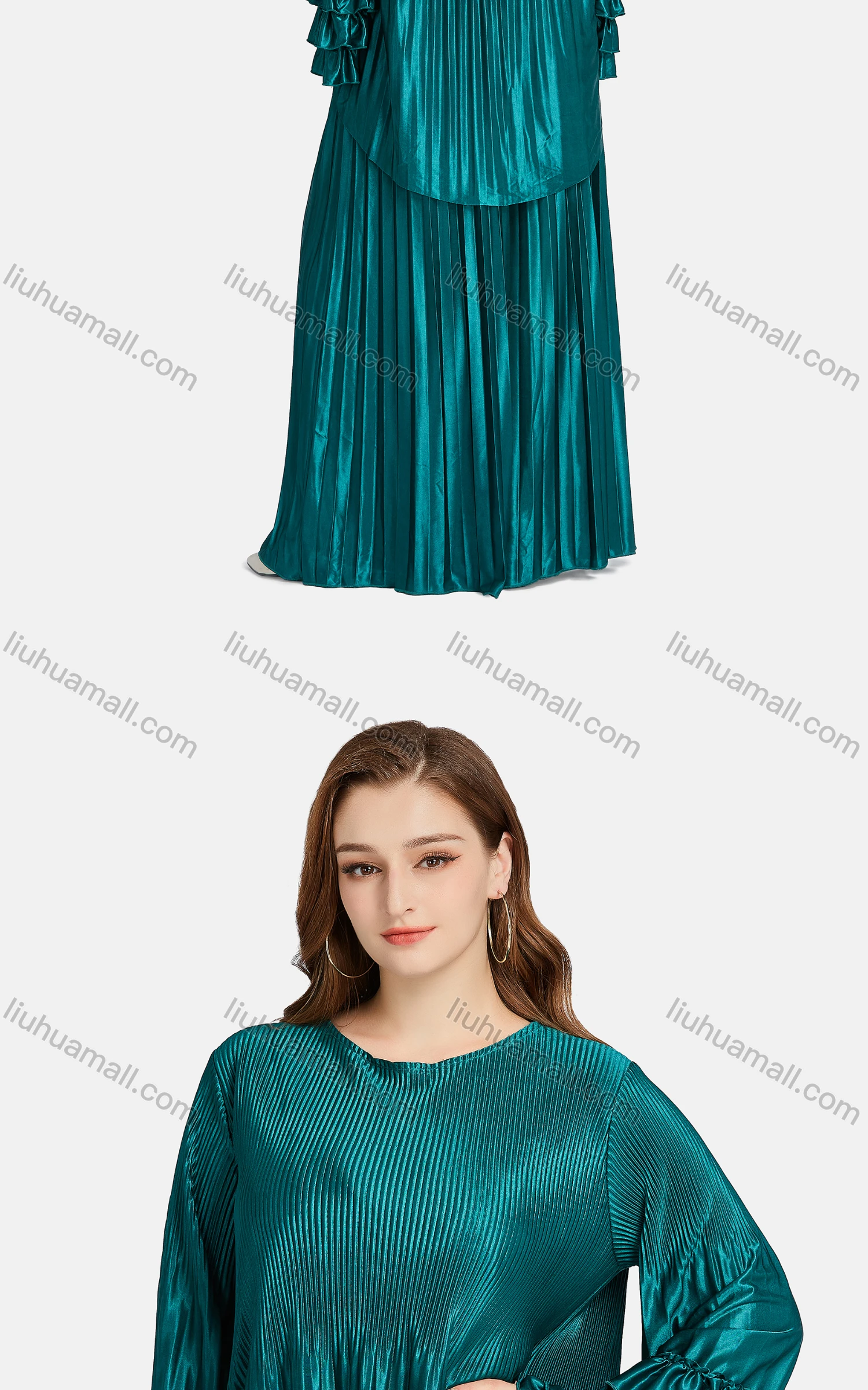 Wholesale Women's Fashion Crew Neck Tiered Sleeve Ribbed Ruffle Trim Blouse 2-piece Set - Liuhuamall