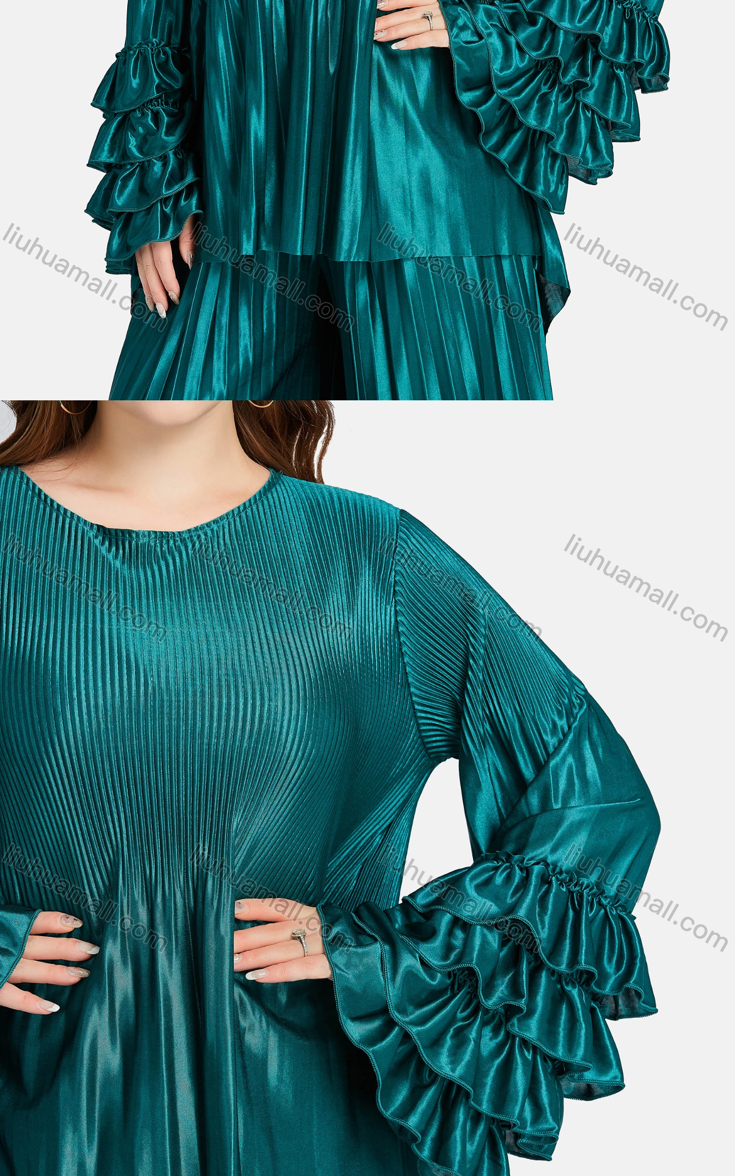 Wholesale Women's Fashion Crew Neck Tiered Sleeve Ribbed Ruffle Trim Blouse 2-piece Set - Liuhuamall