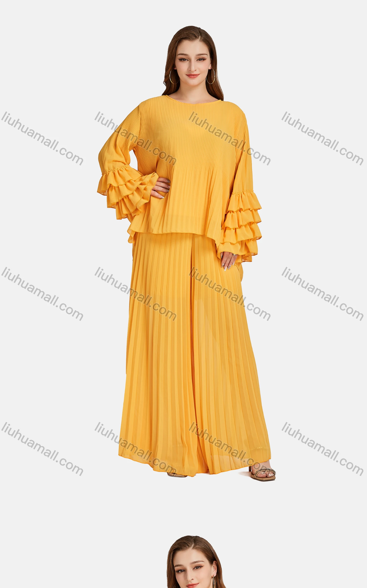 Wholesale Women's Fashion Crew Neck Tiered Sleeve Ruffle Trim Ribbed Blouse 2-piece Set - Liuhuamall