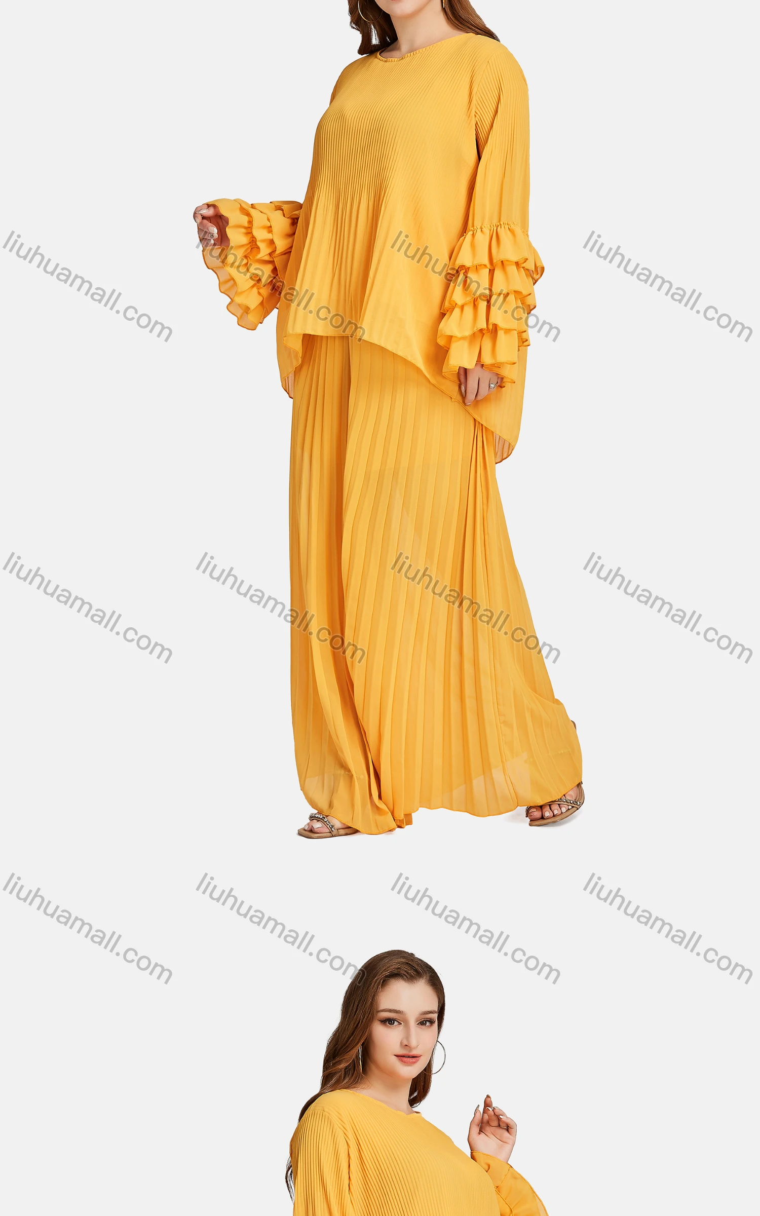 Wholesale Women's Fashion Crew Neck Tiered Sleeve Ruffle Trim Ribbed Blouse 2-piece Set - Liuhuamall