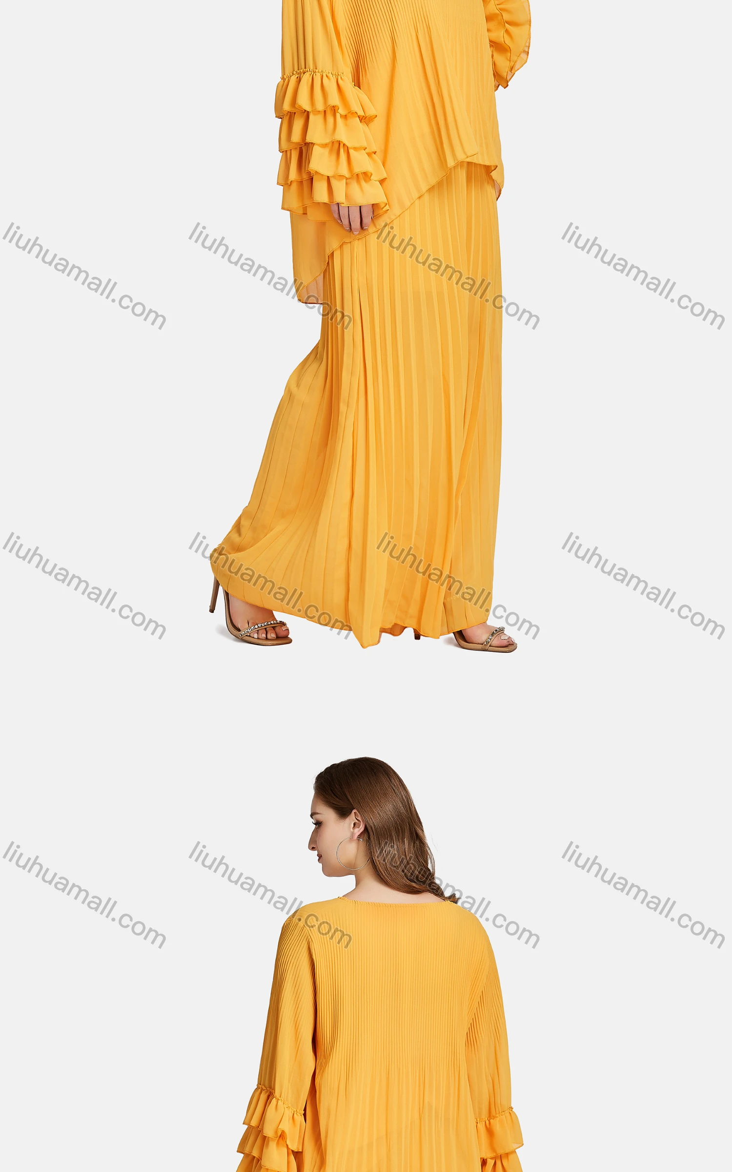 Wholesale Women's Fashion Crew Neck Tiered Sleeve Ruffle Trim Ribbed Blouse 2-piece Set - Liuhuamall