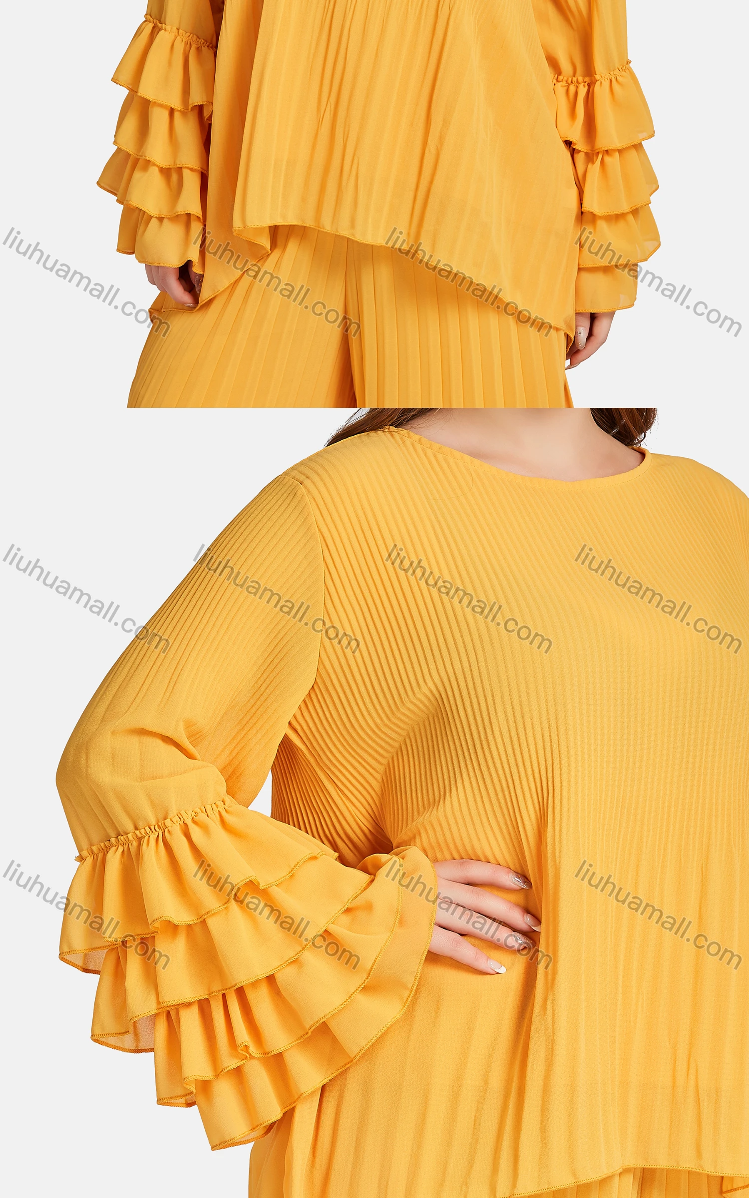 Wholesale Women's Fashion Crew Neck Tiered Sleeve Ruffle Trim Ribbed Blouse 2-piece Set - Liuhuamall