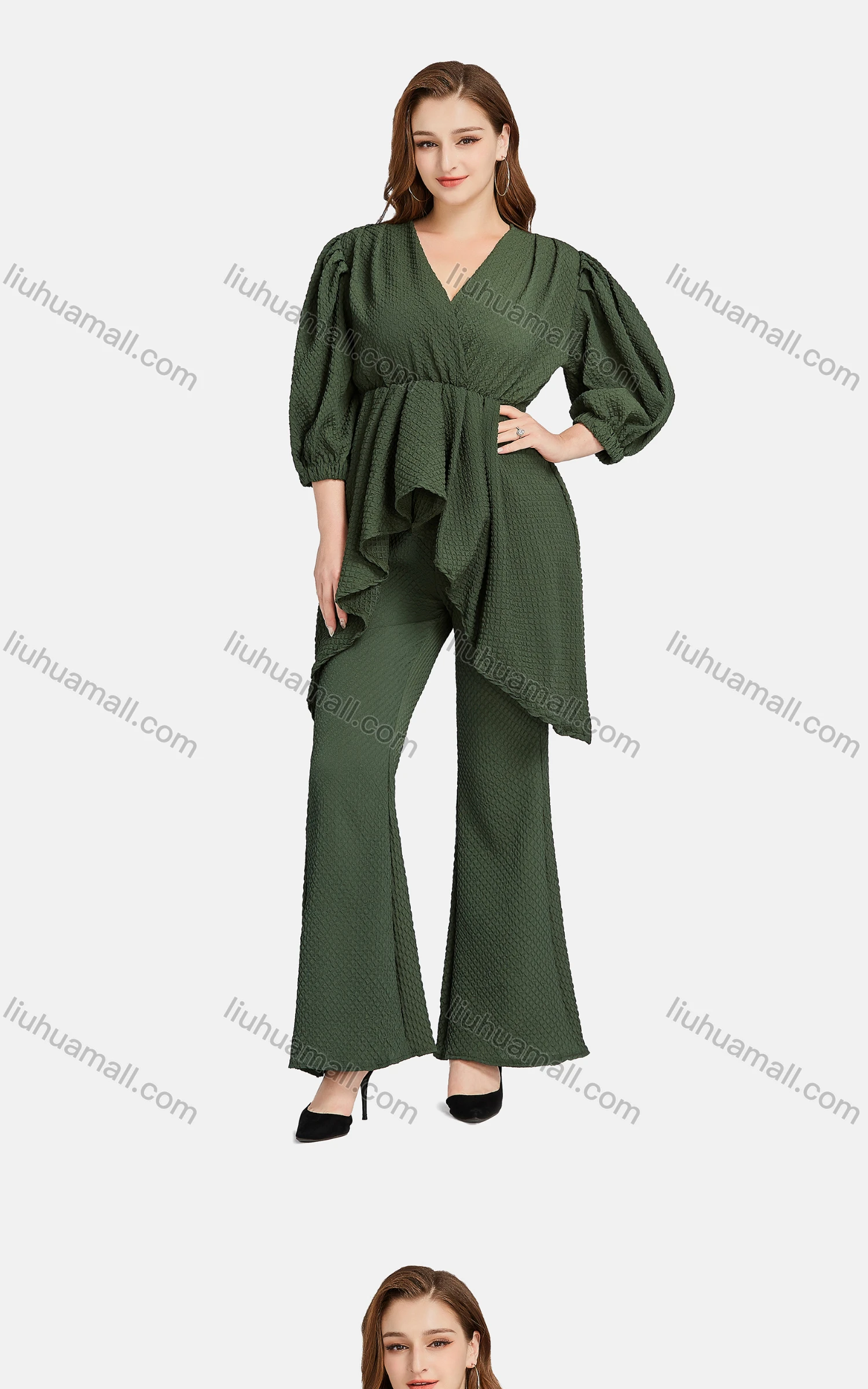 Wholesale Women's Fashion V Neck 3/4 Sleeve Wrap Peplum Ruffle Hem Blouse 2-piece Set - Liuhuamall