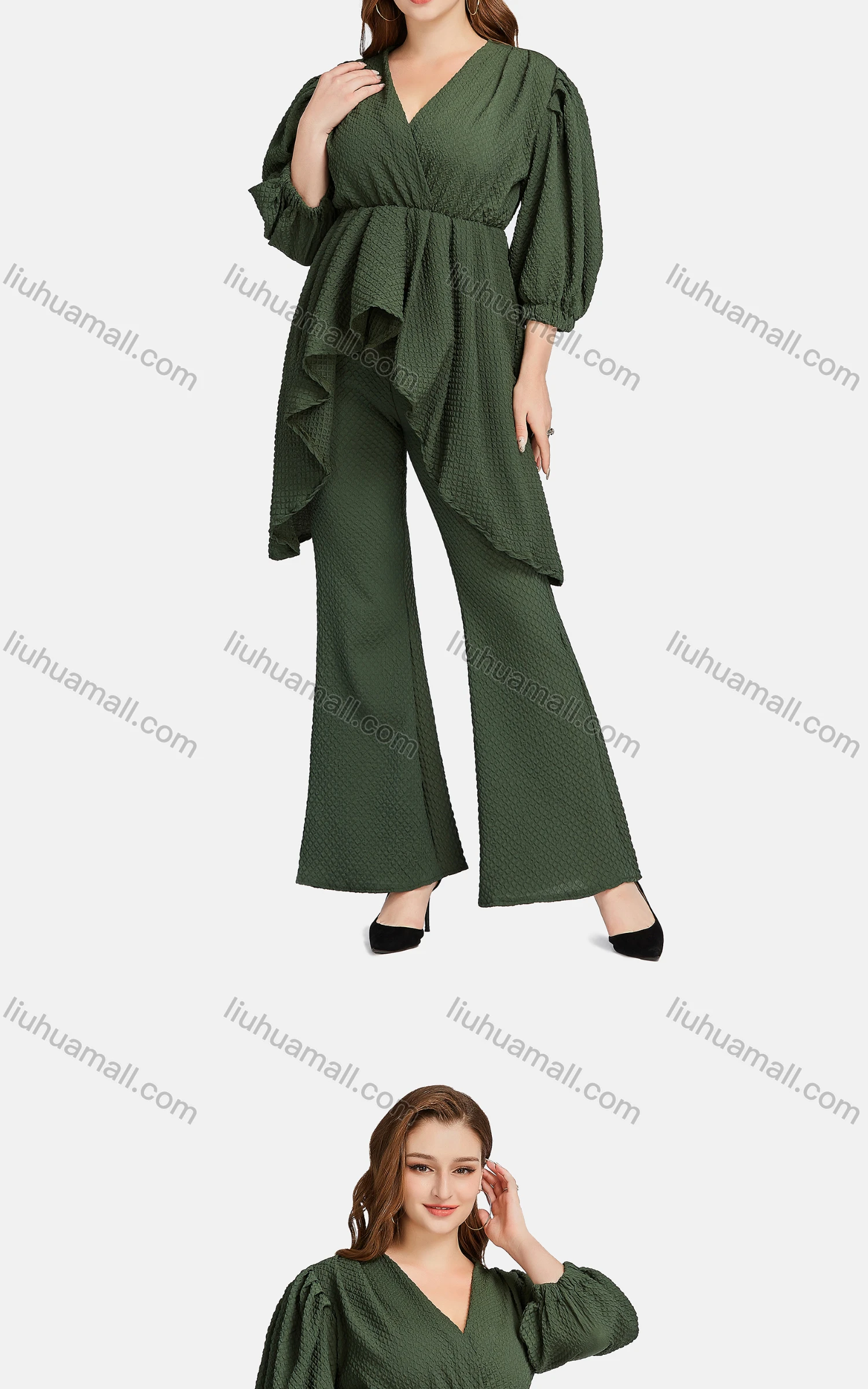 Wholesale Women's Fashion V Neck 3/4 Sleeve Wrap Peplum Ruffle Hem Blouse 2-piece Set - Liuhuamall