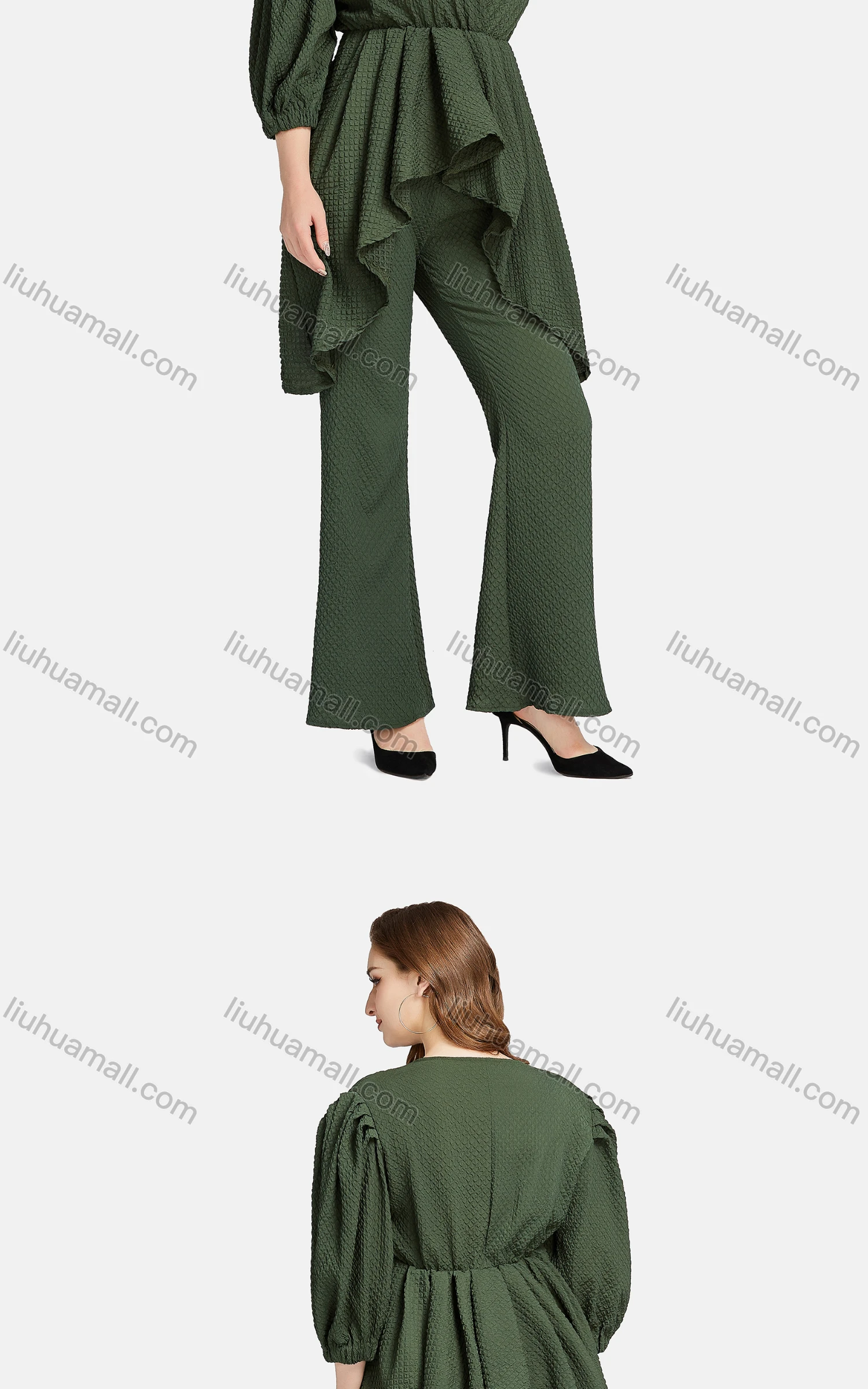 Wholesale Women's Fashion V Neck 3/4 Sleeve Wrap Peplum Ruffle Hem Blouse 2-piece Set - Liuhuamall